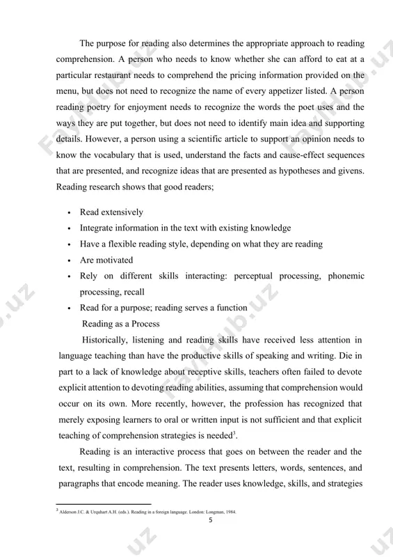 s, and strategies to determine what that meaning is. reader knowledge, skills, and strategies include [3: alderson j.c. & urquhart a.h. (eds.). reading in a foreign language. london: longman, 1984.] · linguistic competence: the ability to recognize the elements of the writing system; knowledge of vocabulary; knowledge of how words are structured into sentences · discourse competence: knowledge of discourse markers and how they connect parts of the text to one another · sociolinguistic competence: knowledge about different types of texts and their usual structure and content · strategic competence: the ability to use top-down strategies, as well as knowledge of the language (a bottom-up strategy) the purpose(s) for reading and the type of text determine the specific knowledge, skills, and strategies that readers need to apply to achieve comprehension. reading comprehension is thus much more than decoding. reading comprehension results when the reader knows which skills and strategies are …