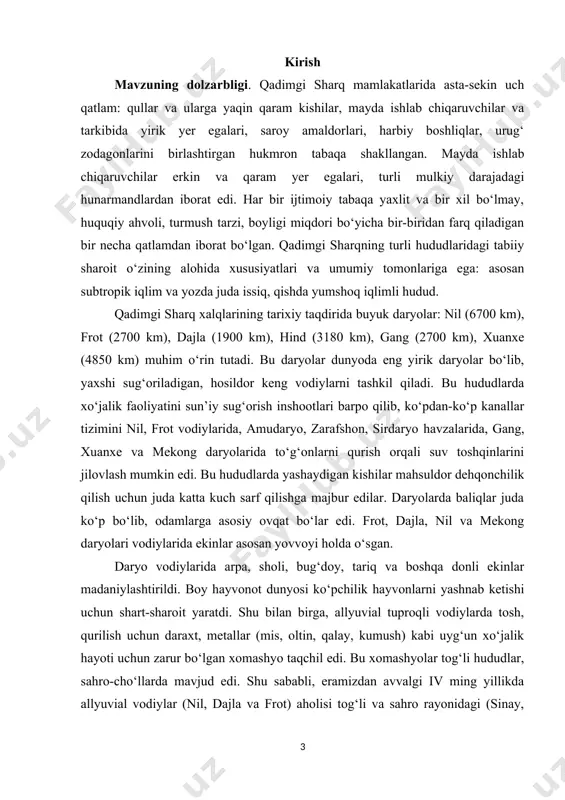 dehqonchilik, chorvachilikning rivojlanishi, metallarning o‘zlashtirilishi va shaharlarning paydo bo‘lishi qadimgi sharqda ilk sivilizatsiyalarning paydo bo‘lishiga olib keldi. bu jarayon ijtimoiy qatlamlarning paydo bo‘lishi va ular o‘rtasidagi munosabatlarning murakkablashuvini yuzaga keltirdi. mulkiy tabaqalanish kuchayib ketdi. yangi ijtimoiy qatlam – qulchilik vujudga keldi. aholining asosiy qismi o‘troq turmush kechirib, dehqonlar jamoasi, hunarmandlar aholining ko‘pchiligini tashkil etgan[footnoteref:1]. [1: замаровский в. их величества пирамиды. – m.: 1980. 3. картелл л. во времени фараонов. – m.:1982. ] qadimgi sharqda hukmron sinfning o‘ziga xos xususiyati uning davlat apparati bilan yaqin aloqasi edi. ijtimoiy tabaqalanish 9 ziddiyatli bo‘lib, doimiy ravishda jamiyatda norozilikni, turli g‘alayonlarni vujudga keltirar edi. qadimgi sharq mamlakatlari taraqqiyotini o‘sha davr yunon shahar-davlatlari va qadimgi rim bilan qiyoslaganda, qadimgi sharq jamiyati taraqqiyotidagi barqarorlik, asrlar davomida urf-odat, an’analar asosida jamiyatda o‘ziga xos turmush-tarzini ko‘rish mumkin. bu qadimgi sharq iqtisodiyotida natural xo‘jalikning hukmronligi, hunarmandchilikning buyurtma asosida rivojlanishi, tovar xo‘jaligining zaifligini, texnika va texnologiyaning sekin takomillashganini, mehnat taqsimotining …