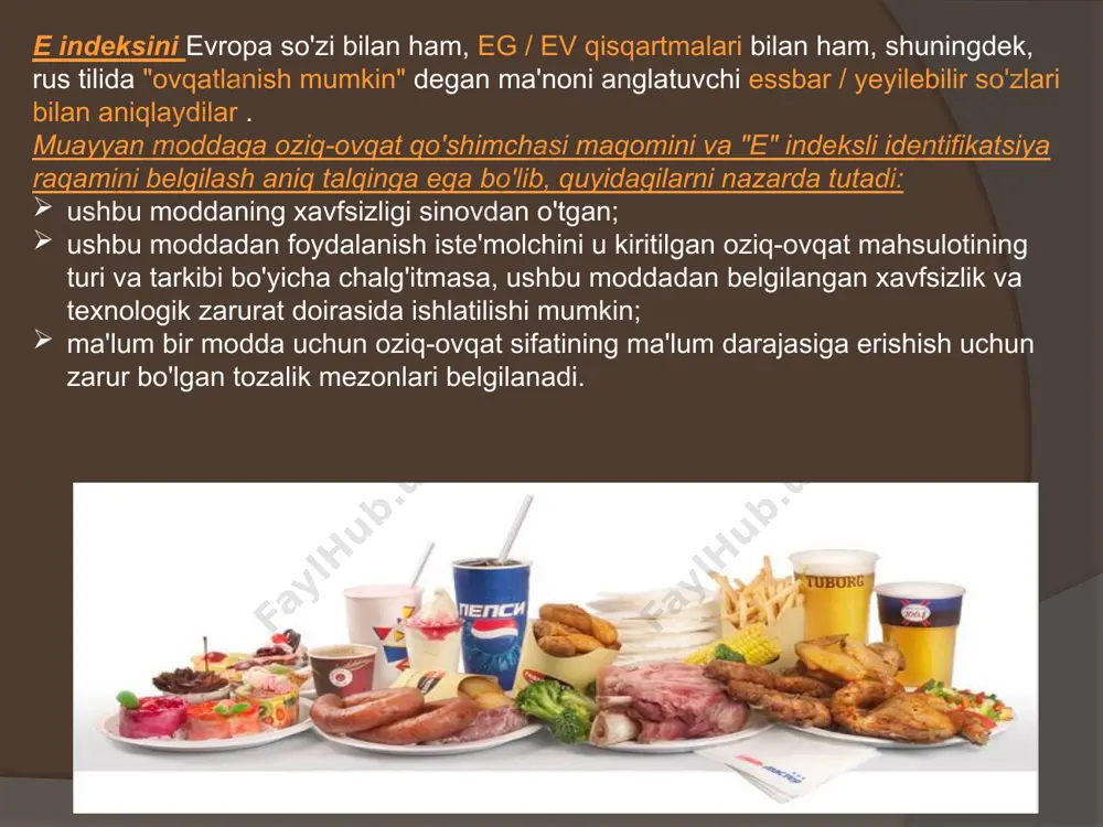 di. shuning uchun oziq-ovqat qo'shimchalari ma'lum funktsiyalarni bajarish uchun oziq-ovqat mahsulotlariga ataylab qo'shiladigan moddalardir. to'g'ridan-to'g'ri oziq-ovqat qo'shimchalari deb ham ataladigan bunday moddalar, masalan, oziq-ovqat mahsulotlarini ishlab chiqarishning turli bosqichlarida "tasodifan" kiradigan turli xil ifloslantiruvchi moddalar kabi begona emas. jarayon oqimida ishlatiladigan oziq-ovqat qo'shimchalari va yordamchi materiallar o'rtasida farq bor . yordamchi materiallar - texnologiyani takomillashtirish maqsadida xom ashyoni qayta ishlash va mahsulot olishda oziq-ovqat ingrediyenti hisoblanmasdan ataylab foydalaniladigan har qanday moddalar yoki materiallar; tayyor oziq-ovqat mahsulotlarida yordamchi materiallar to'liq bo'lmasligi kerak, lekin ular olinmaydigan qoldiq sifatida ham aniqlanishi mumkin . so'nggi o'n yilliklarda texnologiya dunyosi va oziq-ovqat mahsulotlari assortimenti juda katta o'zgarishlarga duch keldi. ular nafaqat an'anaviy texnologiyalar va tanish mahsulotlarga ta'sir qildi, balki yangi tarkibi va xususiyatlariga ega bo'lgan yangi oziq-ovqat guruhlari paydo bo'lishiga, texnologiyani soddalashtirishga va ishlab chiqarish tsiklini qisqartirishga olib keldi va printsipial jihatdan yangi texnologik va instrumental echimlarda ifodalangan. "texnologik qo'shimchalar" shartli tushunchasini olgan oziq-ovqat qo'shimchalarining …