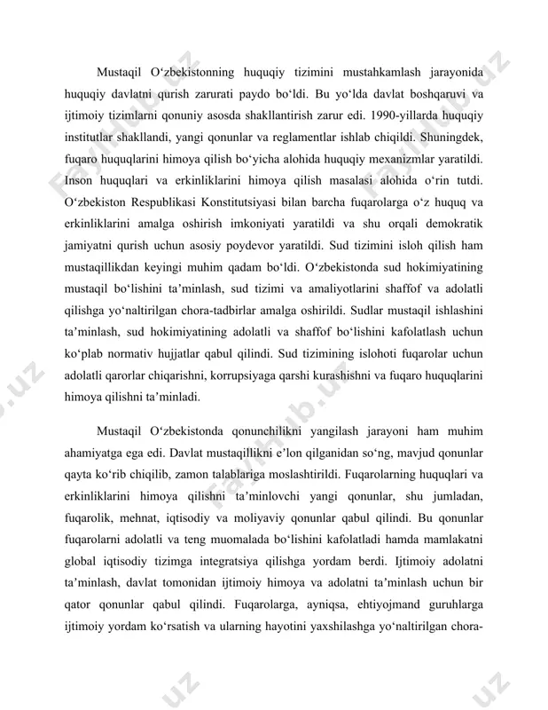 stahkamlandi. fuqarolarning siyosiy huquqlari va erkinliklarini taʼminlash, erkin saylov tizimi, siyosiy partiyalar va mustaqil ommaviy axborot vositalarining faoliyatini rivojlantirishga qaratilgan qonunlar qabul qilindi. oʻzbekiston konstitutsiyasi barcha fuqaro va tashkilotlarga siyosiy faollikda ishtirok etish huquqini berdi. mustaqillikning bir muhim jihati - milliy madaniyat va tilni rivojlantirishga qaratilgan chora-tadbirlar edi. o‘zbek tili davlat tili sifatida qonuniy asosda mustahkamlandi. madaniyat, sanʼat, ilm-fan va taʼlim sohalarida bir qator islohotlar amalga oshirildi, milliy qadriyatlar va an’analarni rivojlantirishga qaratilgan siyosat olib borildi. shu orqali, oʻzbekiston o‘zining milliy merosini saqlash va rivojlantirishga katta eʼtibor qaratdi. xalqaro huquq va diplomatik aloqalarni o‘rnatish ham mustaqil oʻzbekistonning asosiy yo‘nalishlaridan biri bo‘ldi. oʻzbekiston mustaqillikka erishganidan so‘ng, xalqaro maydonda o‘z o‘rnini topish uchun diplomatik aloqalarni rivojlantirdi. o‘zbekiston birlashgan millatlar tashkiloti, yevropa xavfsizlik va hamkorlik tashkiloti (yxht), islom hamkorlik tashkiloti va boshqa xalqaro tashkilotlarga aʼzo bo‘ldi. xalqaro huquq va diplomatik huquqlarni hurmat qilish, mustaqil oʻzbekistonning tashqi siyosatining asosiy tamoyillaridan biri sifatida belgilandi. ushbu …