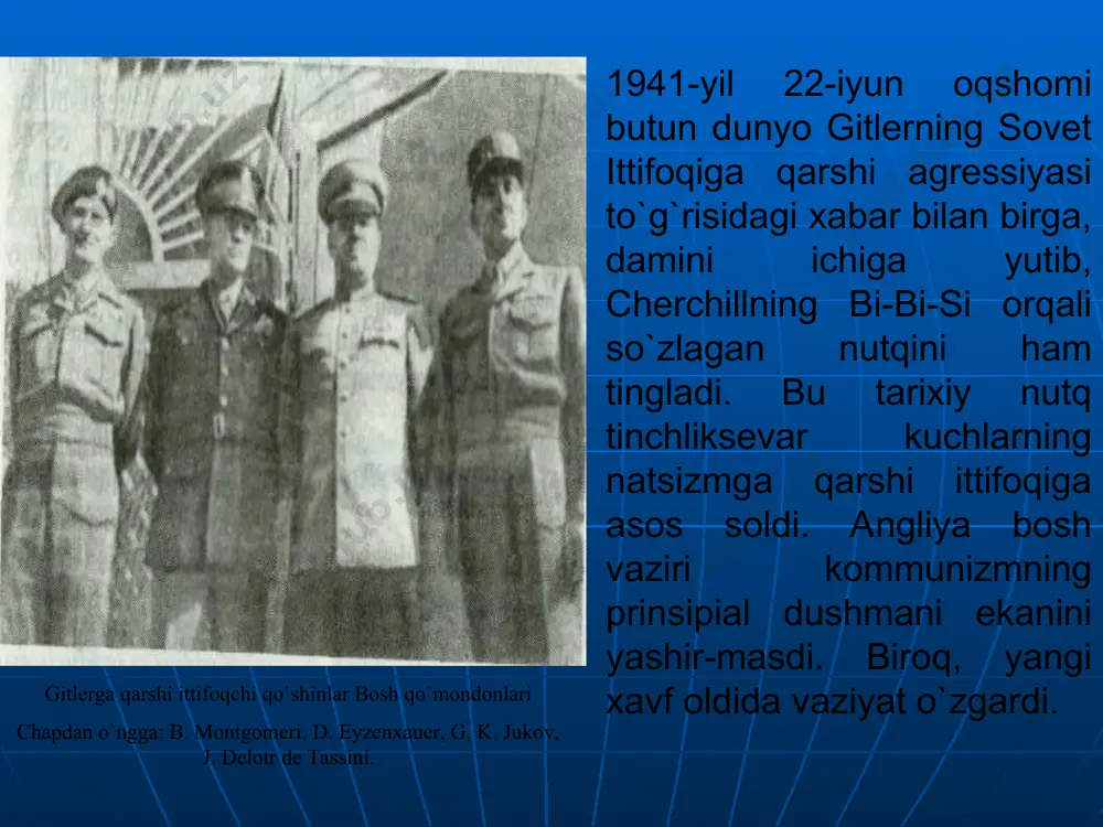 -gacha xalqaro tribunal natsist harbiy jinoyatchilarning bi-rinchi guruhini sud qildi. javobgarlikka tortilganlar orasida g. gering, v. keytel, e. kaltenbrunner, i. ribbentrop, a.yodl, a.shpeyer va boshqalar bor edi. 12 kishi o`lim jazosiga hukm etilib, qatl qilindi (o`zini zaharlagan g. geringdan tashqari), 7 kishi uzoq muddatli yoki umrbod qamoq jazosiga hukm qilindi. e’tiboringiz uchun raxmat!
