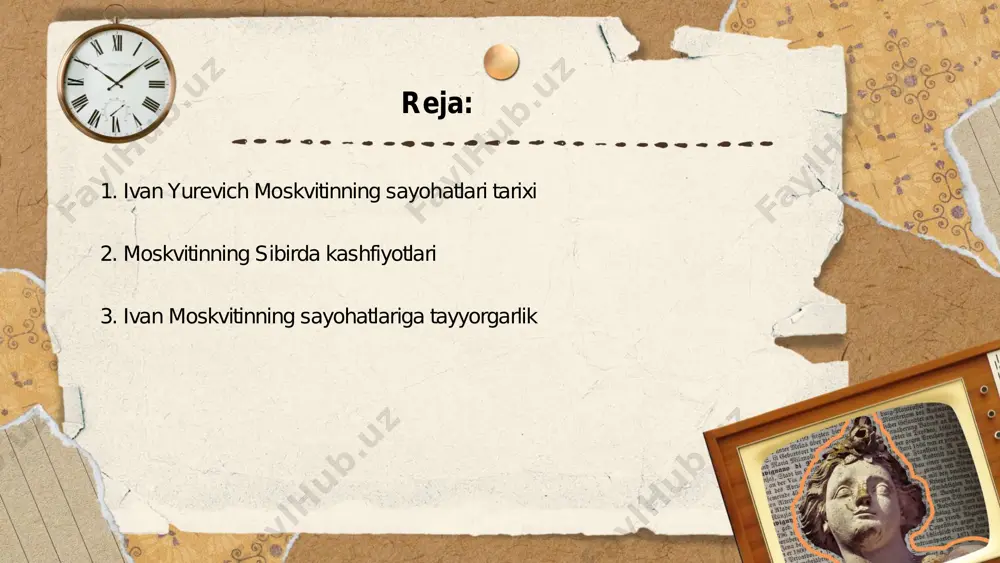 har biri uchun taxminan 10 kundan sarflash rejalashtirilgan. 12 ta shahar va 36 ta joy ko'rib chiqilishi kerak. tayyorlanish uchun 100 ta maqola va 60 ta haritalar tahlil qilindi. 20 kg og‘irlikdagi yuk va 5 ta qadoqdan iborat jihozlar tayyorlandi. safar davomida kuniga 3.000 kaloriyali oziq-ovqat zaxirasi kerak bo‘ladi. transport uchun 4 xil vosita tanlandi, jumladan, samolyot va poezd. ... t.me/slaydai_bot 4. moskvitin sayohatlaridagi qiyinchiliklar ivan moskvitinning sayohatlari davomida bir qator qiyinchiliklar yuzaga kelgan. moskvitin 1639- yilda sibir hududlariga sayohat qilgan va bu hududning qattiq ob-havo sharoitlari, qalin o‘rmonlar va xavfli daryolari bilan yuzma-yuz kelgan. uning ekspeditsiyasi oziq-ovqat va resurslar yetishmasligi muammosiga duch kelgan. yo'lboshchilar va mahalliy xalqlar bilan til muloqoti qiyinchilik tug‘dirgan, chunki turli tillar va madaniyatlar kesishgan. shuningdek, sayohatchilar uzoq masofalar va noma'lum hududlarni bosib o'tishlari kerak edi, bu esa jismoniy charchoq va resurslarni to'g'ri taqsimlashga ehtiyojni oshirgan. moskvitin va uning jamoasi bu qiyinchiliklarni yengib, ohotsk dengizini kashf …
