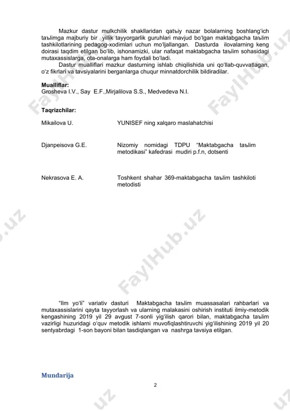 ish sohasi kompetensiyalari 15 3.2.2. “ijtimoiy-hissiy rivojlanish” sohasi kompetensiyalari 16 3.2.3.«nutq, muloqot, o‘qish va yozish malakalari» sohasi kompetensiyalari 16 3.2.4.”bilish jarayonining rivojlanishi” sohasi kompetensiyalari 16 3.2.5. «ijodiy rivojlanish» sohasi kompetensiyalari 17 iv bob. o‘qitishga yondashuvlar 18 4.1. shaxsiy yondashuv maqsadi 18 4.2. bolaga yo‘naltirilgan yondashuv 19 4.3.rivojlantiruvchi yondashuv 21 4.4 individuallashtirish 21 4.5.rivojlantiruvchi o‘qitish muhiti 22 4.6.maktabgacha taъlim tashkilotida o‘yin faoliyatning etakchi turi sifatida 23 4.7.inklyuziv taъlim tamoyillari 23 v bob. o‘quv-tarbiya faoliyati 24 vi bob. rejalashtirish 25 vii bob. mashg‘ulotlardagi o‘qitish 29 7.1. jismoniy rivojlanish va sog‘lom turmush tarzini shakllantirish 29 7.2. ijtimoiy-hissiy rivojlanish 30 7.3. nutq, muloqot, o‘qish va yozish malakalari 31 7.4. bilish jarayonini rivojlanishi 32 7.5. ijodiy rivojlanish 32 viii bob. kuzatish va baholash 34 8.1. kuzatishni o‘tkazishdan maqsadlar 34 8.2.muvaffaqiyatli kuzatishning o‘ziga xosliklari: 35 8.3.kuzatishning asosiy tamoyillari: 35 8.4.bolalarning individual rivojlanishini hujjatlashtirish va kuzatib borish 36 8.5. bolalarni boshlang‘ich taъlimga majburiy bir yillik tayyorlash bo‘yicha …