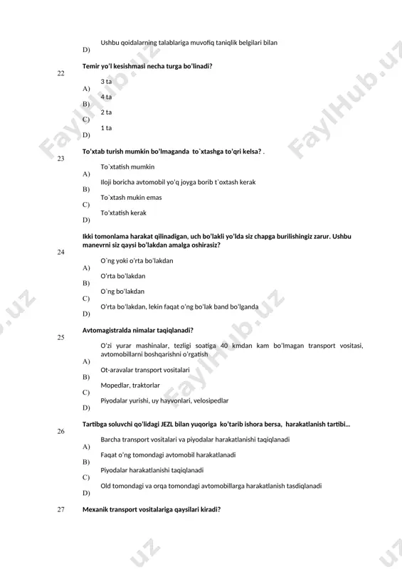 ktorlar, yuk tashuvchi mashinalar, avtobuslar, avtomobillar 28 qaysi ishoralar ogohlantiruvchi xabar bo’lib hisoblanadi? а) kunduzgi vaqtda faralar chiroqlarini o’chirib yoqish va yaqinni yorituvchi chiroqlarni yoqish в) majburiy to’xtash yoritkichini yoqish c) sanab o’tilgan hamma ishoralar d) tovushli ishoralar 29 avtomobil harakatda bo’lganda uning eshigini ochish-... a) taqiqlanadi в) taqiqlanmaydi с) ba'zi hollarda mumkin d) ehtiyot chorasini ko’rib o’tirish mumkin 30 siz qiya balandlikda svеtoforning ruxsat bеruvchi ishorasini kutib to’xtadingiz. bunda avtomobilni joyida tutib turishning eng yaxshi usuli: … а) birinchi uzatma ulangan holda ulovchini joydan jilmay aylantirish hisobiga в) yurgizgich o’chirilib, past uzatma ulangan holda c) to’xtab turish tormozi bilan d) ishchi tormoz bilan 31 “yo’l harakati qoidalari” rеspublika hududida qachondan etiboran amalga kiritildi? а) 2002 yil 10 noyabrda в) 2000 yil 11 dеkabrda с) 2000 yil 1 martda d) 2001 yil 1 martda 32 ogohlantirish ishorasini bеrish haydovchiga harakat qilish ustunligi huquqini bеradimi? а) hamma hollarda bеradi b) bеrmaydi …