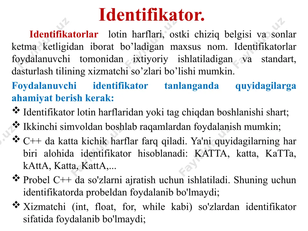 ymat berish bilan (/=); bo’lib qoldiqni olib, qiymat berish bilan (%=) bu holatlarning umumiy ko’rinishi = c++ dasturlash tilidagi dasturning umumiy ko‘rinishi quyidagicha: c++ dasturlash tilida dasturning umumiy tuzilishini quyidagi oddiy dastur yordamida tushuntiramiz: c++ dasturlash tilida har qanday dastur 1-satr bilan boshlanadi. bunda # include (o‘z ichiga olmoq) so‘zi ma’lumotlarni kiritish va chiqarish (o‘qish va yozish) funksiyalari va ularning o'zatuvchilari e’loni joylashgan sarlavha faylini dasturga qo'shadi. yozuvi quyidagicha ma’noni bildiradi: i (input - kirishi (o‘qish)), o (output - chiqarish (yozish)), stream - oqim (ya’ni ma’lumotlar oqimi), h (head - sarlavha). 1. #include 2-satrda keltirilgan using namespace std; buyrug’i dastur davomida standart nomlar fazosidan foydalanishni anglatadi. agar bu buyruq yozilmasa ma'lumotlarni kiritish std::cin>> , ma'lumotlarni chiqarish std::cout sarlavha faylida aniqlangan cout operatoridan foydalanilgan bo‘lib, undan dasturning xotiradagi natijasini ekranga chiqarish maqsadida foydalaniladi. bu operatordan keyin qiymati ekranga chiqarilayotgan barcha o‘zgaruvchilar hech qanday tinish belgilarisiz “«” belgilari bilan ajratib yoziladi. agar …