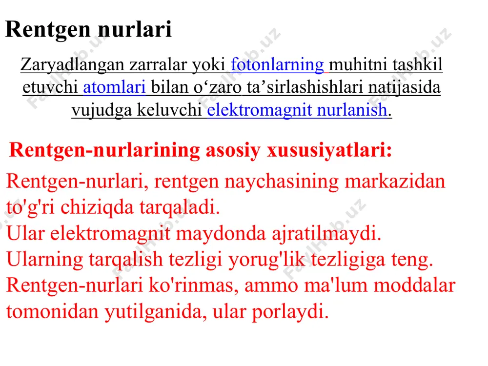 shi va tahlil qilinayotgan ob'ektga tarqalgan rentgen nurlanishining intensivligi bo'yicha o'rganish usuli. rentgen nurlari difraksion tahlilining eksperimental usullari. na’munalarni difraktsiyalash va ro'yxatga olish uchun sharoit yaratish uchun rentgen kameralari va rentgen difraktometrlari qo'llaniladi. ulardagi tarqoq rentgen nurlanishi fotoplyonkaga yozib olinadi yoki yadroviy nurlanish detektorlari bilan o'lchanadi. sinov namunasining holatiga va uning xususiyatlariga, shuningdek olinishi kerak bo'lgan ma'lumotlarning tabiati va miqdoriga qarab, rentgen nurlanishini tahlil qilishning turli usullari qo'llaniladi. atom tuzilishini o'rganish uchun tanlangan monokristallarning o'lchamlari ~ 0,1 mm bo'lishi va iloji bo'lsa, mukammal tuzilishga ega bo'lishi kerak. rentgen nurlari diffraksiyasi qattiq qattiq jismlar uchun ham, kukun holida mavjud bo'lgan moddalar uchun ham kuzatiladi. kukun polikristal modda bo'lib, ko'plab individual, tasodifiy yo'naltirilgan, kichik kristallardan iborat. kukunlarning diffraktsiya shakllari ularning shaklidagi qattiq qattiq moddalar bilan bir xil shaklga ega. har bir o'ziga xos modda uchun rentgen tasviridagi diffraktsiya chiziqlarining holati qat'iy belgilangan va inson barmoq izlari kabi, faqat ushbu moddaga xosdir. har …
