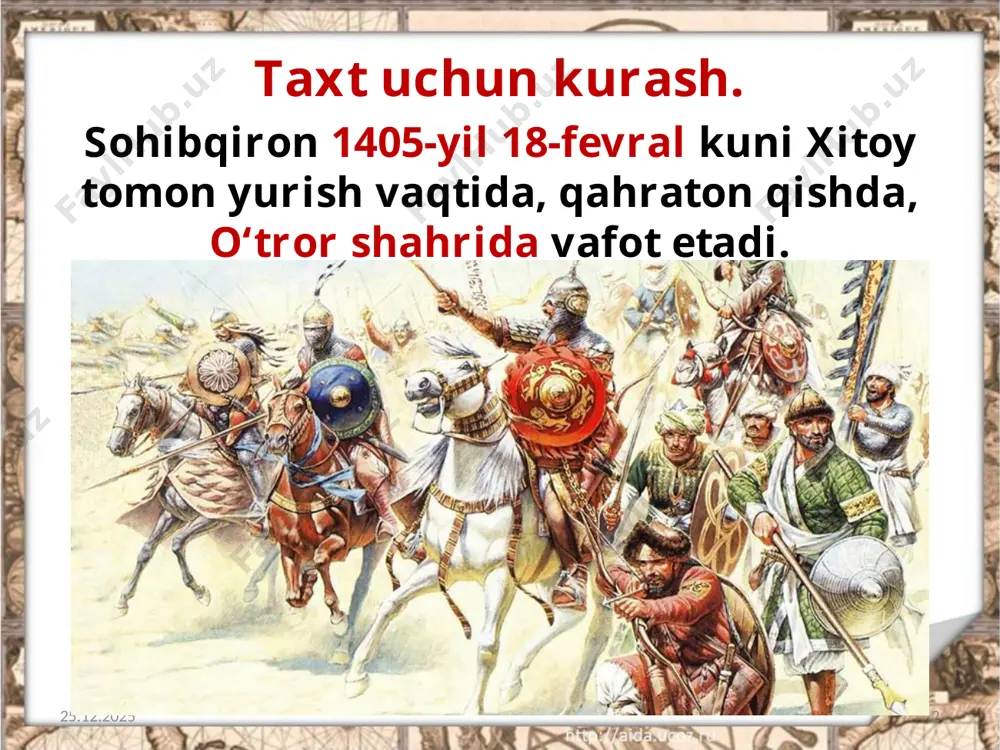 ariyb besh yil davom etgan o‘zaro kurash va isyonlar xalqning jiddiy noroziligiga sabab bo‘lgan edi. 22.10.2019 13 shohruxning uzoq hukmronligi davrida amir temur saltanatining asosiy qismi uning qo‘li ostida saqlanib qolsa-da, ammo bu ulkan mamlakat ikki davlatga bo‘lingan edi. 22.10.2019 14 savol va topshiriqlar: 1. amir temur saltanatining parchalanish sabablari nimada? 2. siz xalil sultonning harakatini qanday baholaysiz? 3. shohrux mirzo qachon samarqandga yurish qildi, nima uchun uni xalq quvvatladi? 4. o‘ylab ko‘ring, yurtning parchalanishi shu yurt fuqarolarining hayotiga qanday ta’sir qiladi? yurtni omon va yaxlit saqlash uchun nimalar qilish kerak? 22.10.2019 15 image2.jpeg image3.jpeg image4.jpeg image5.jpeg image6.jpg image7.jpeg image8.jpeg image9.jpeg image10.jpeg image11.jpeg image12.jpeg image13.jpg image14.jpeg image15.jpeg image16.jpeg image17.png image18.jpeg image1.jpeg