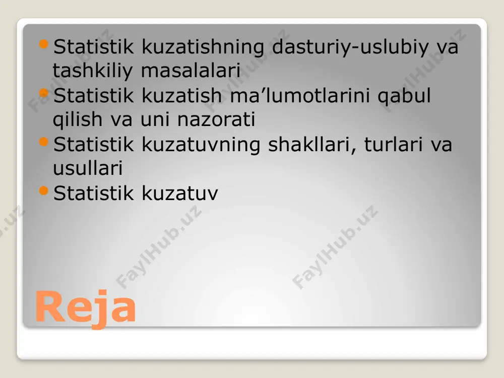 holinimi? yoki doimiy aholinimi? tijorat korxonalarini ro’yxatga olish uchun, oldin aniq bilishimiz kerak, qaysi korxonalar tijorat korxonalari bo’lib hisoblanadi? kuzatish birligi – bu hisob asosi yoki kuzatishda qayd qilish belgisiga ega bo’lgan birlikdir. kuzatish birligi bo’lib, aholi ro’yxatida har bir shaxs, korxonalar ro’yxatida har bir korxona hisoblanadi. kuzatish birligi bilan to’plam birligini almashtirmasligimiz kerak. ular ayrim vaqtda bir-biriga teng. masalan, aholi ro’yxatida har bir shaxs, ham kuzatish birligi, ham to’plam birligi hisoblanadi. ayrim paytda, ular o’zaro teng emas. masalan, sanoat korxonalarida jihozlar ro’yxatga olinganda sanoat korxonasi kuzatish birligi, har bir jihoz esa to’plam birligi bo’lib hisoblanadi. statistik kuzatish ma’lumotlarini qabul qilish va uni nazorati har qanday statistik kuzatish o’z oldiga faqatgina haqiqatni o’zida aks ettiruvchi ma’lumotlarni to’plashni maqsad qilib qo’yadi. lekin ma’lumki, real hayot bilan kuzatish materiallari o’rtasida hamma vaqt farq bor. bu farq kuzatish xatosi deb yuritiladi. statistik kuzatish xatosi o’z navbatida: -qayd qilish xatosi; -reprezentativ (vakolatli) xatoga bo’linadi. …