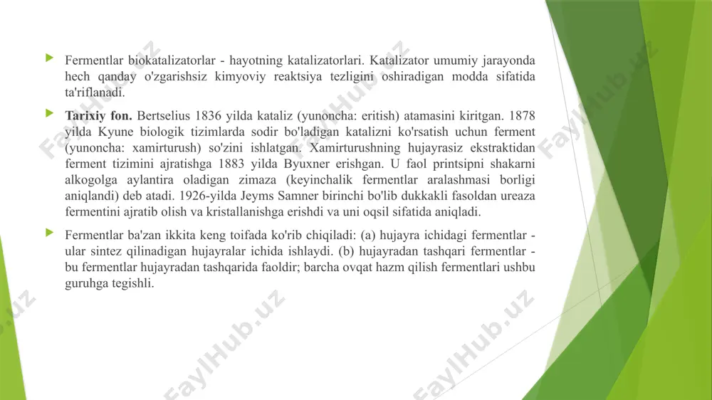 imlik to'qimalari papain (papaya), bromelain (ananas), fitsin (anjir) (oziq-ovqatda) gmp* ga muvofiq mikroorganizmlar: an'anaviy ravishda oziq-ovqat ishlab chiqarish uchun ishlatiladi bacillus subtilis, aspergillus niger va a. oryzae, mucor javanicus, rhizopus sp., saccharomyces cerevisiae, kluyveromyces fragilis va k. lactis, leuconostoc oenus. gras (umuman xavfsiz deb tan olingan) - amfep (xalqaro oziq-ovqat fermenti ishlab chiqaruvchilar assotsiatsiyasi) qoidalariga muvofiq xavfsiz deb tan olingan. yaxshi o'rganilgan mikroorganizmlarning fermentlari bacillus stearothermophilus, b. licheniformis, b. coagulans, b. megaterium va b. circulans, klebsiella aerogenes maxsus tasdiqlash tartibiga asosan foydalaniladi gmp (yaxshi ishlab chiqarish amaliyoti) - jahon sog'liqni saqlash tashkiloti tomonidan qabul qilingan "dori vositalarini ishlab chiqarishni tashkil etish va sifatini nazorat qilish qoidalari". - tarjima. fermentatsiya jarayonining tarkibiy qismlari. fermentatsiya turidan qat'i nazar (ba'zi transformatsiya jarayonlari bundan mustasno) belgilangan jarayonni oltita asosiy komponentga bo'lish mumkin: 1) inokulyatni ishlab chiqish jarayoni va ishlab chiqarish fermentatoridagi jarayon, organizmini o’stishtirishda foydalaniladigan muhitning formulasi. 2) muhit, fermentatorlar va yordamchi uskunalarni sterilizatsiya …