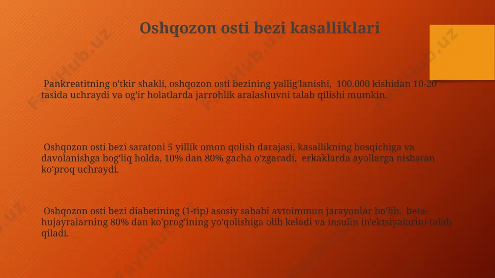 va gipofiz bezlaridan keladigan gonadotropinlar, masalan, fsh va lh kabi gormonlar tomonidan tartibga solinadi va bu jarayon murakkab endokrin o'zaro ta'sirlarni o'z ichiga oladi. jinsiy bezlar, gormonlarni, xususan, androgenlarni (erkaklarda testosteron) va estrogenlarni (ayollarda estradiol) ishlab chiqarishda muhim rol o'ynaydi, bu esa jinsiy rivojlanish va reproduktiv funksiyalarni tartibga soladi. qalqonsimon bez kasalliklari qalqonsimon bezning gipotireozida t3 va t4 gormonlari darajasi sezilarli darajada, taxminan 50% ga kamayadi, bu metabolizmning sekinlashishiga va bir qator alomatlarning rivojlanishiga olib keladi. avtoimmun kasalliklar, masalan, hashimoto tireoiditi, qalqonsimon bez kasalliklarining 70-80% gacha sabab bo'ladi va qalqonsimon bezning yallig'lanishiga olib keladi. qalqonsimon bezning gipertireozi bilan og'rigan bemorlarda yurak urishi tezlashadi, taxminan daqiqada 100 urishdan oshadi, va nerv tizimining qo'zg'aluchanligi kuchayadi. oshqozon osti bezi gormonlari oshqozon osti bezi, shuningdek, somatostatin kabi boshqa peptid gormonlarni ham, taxminan 1% miqdorida ishlab chiqaradi, ular insulin va glyukagon sekresiyasini inhibe qiladi. oshqozon osti bezi ikki turdagi hujayralar, a hujayralari va b hujayralari …