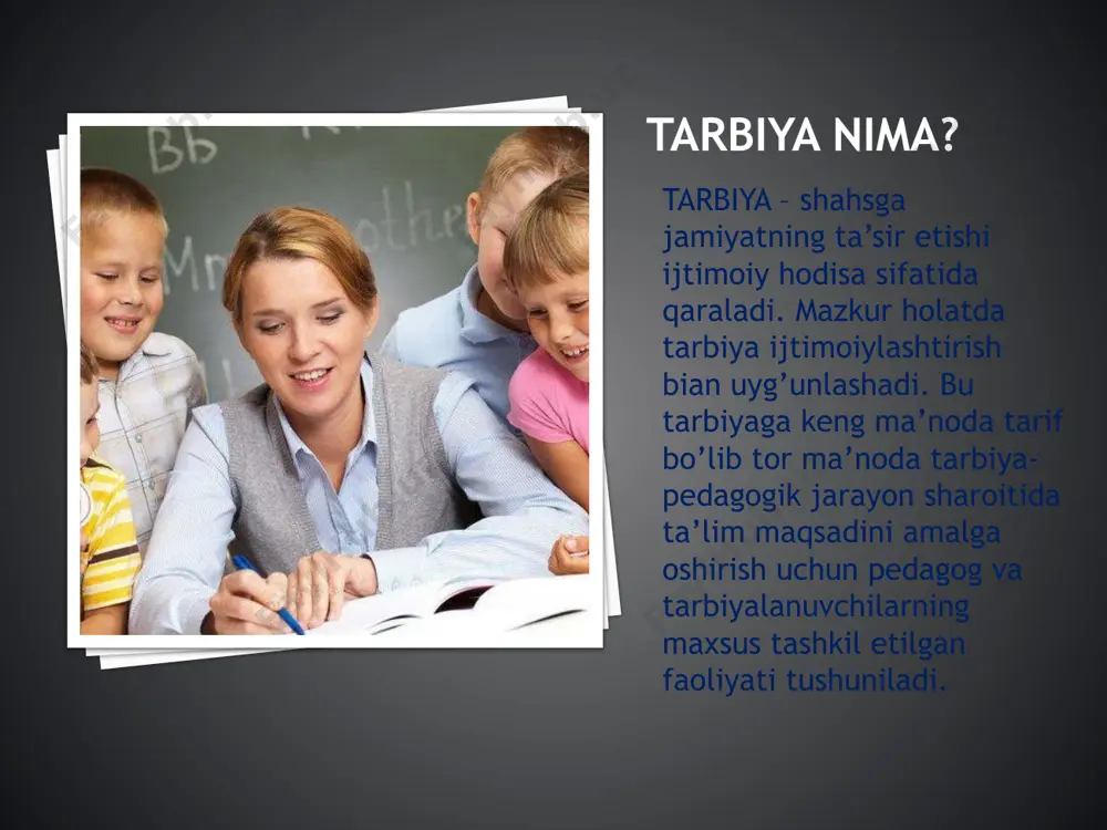 llanib kelingan. uning samarasi ayniqsa amaliy san’at hunarmandchilikda ustoz – shogirt ta’limi tarzida namoyon bo’lgan. individual ta’limda bola ruhiyatining individual xususiyatlarini , fan sohalari va kasb egallashga bo’lgan tabiiy moyilliklarini to’liq e’tiborga olish imkoniyati ta’minlanadi. tarbiyada individual yondashuv individul yondashuv birinchi navbatda ijobiy sifatlarni mustahkamlash va kamchiliklarni bartaraf eishga qaratilgan. ko’nikma va o’z vaqtida aralashuv bilan qayta o’qitishning istalmagan og’riqli jarayonidan qochish mumkin. individual yondashuv o’qituvchidan katta sabr-toqatni xulq-atvorning murakkab ko’rinishlarini tushunish qobilyatini talab qiladi individual yondashuv individual yondashuv pedagogik jarayonning uzviy qismi bo’lib u barcha bolalarni dastur materialini o’zlashtirish uchun faol mehnatga jalb etishga yordam beradi. nazorat ishining maqsadi bolalarni tarbiyalashda yuqori asab tizimining turlarini hisobga olgan holda individual yondashuvni o’rganishdir. tarbiyaada individual yondashuv a.s.makarenko bir qator pedagogik muommolarni hal qilishda masalan bolalar jamoasini tashkil etish va tarbiyalashda bolalarni mehnat tarbiyasida o’yinda bolalarga individual yondashish tamoyilini juda muhim deb hisobladi. u shaxsni tarbiyalashning umumiy dasturini amalga oshirishda o’qituvchi unga …