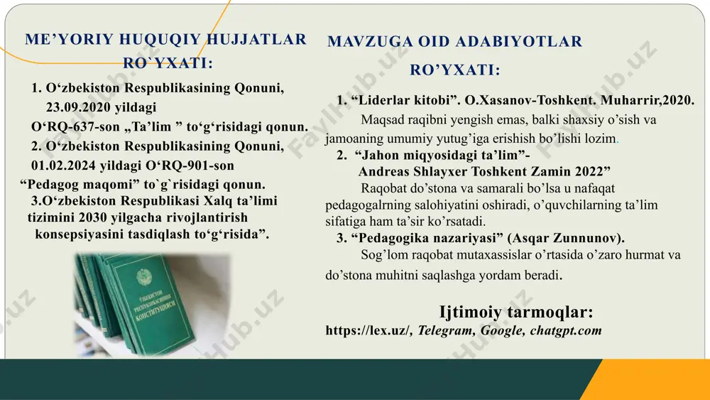 a hamkorlik orqali sog‘lom raqobatni rivojlantirishga erishamiz. mavzu yuzasidan takliflar chora-tadbir rejasi. t/r muammo muammoning yechimini amalga oshirish mexanizimi mas’ullar muddati natija 1. maktabda onlayn forum va guruhlar yaratilmayotganligi maktab va oliy ta’lim o‘quv yurtlari, mfy yoshlar yetakchisi bilan hamkorlik maktab rahbariyati va maktab psixologi o‘quv yili davomida maktablardagi kadrlar salohiyatini oshirish. zamon talablariga javob beradigan kadrlarni shakllantiriladi. 2. mahalliy hokimlik va homiylik innovatsion loyihalarni qo‘llab- quvvatlash, grant dasturlarini tashkil etish talabi paydo bo‘lganligi “maktab rivoji”, “mablag‘ shakllanishiga hissam” innovatsion g’oyalar tanlovi maktab rahbariyati, psixolog va homiylik vakillari yil davomida innovatsion yondashuvlarni rag‘batlanshirish va qo‘llab quvatlash mablag‘ shakllanishiga hissa qo‘shiladi 3. pedagoglar uchun ma’naviy va moddiy rag‘batlantirish dasturlarini ishlab chiqish va amalga oshirish. pedagoglar va mutaxassislar bilan motivatsion uchrashuvlar -dasturlar tashkil etish maktab ma’muriyati doimiy ravishda (har oy va chorakda) pedagoglar o‘rtasida ishchanlik qobiliyati va o‘z ustida ishlash darajasi ortadi e’tiboringiz uchun rahmat ! 2024 yil 02 12 image2.png image3.png …