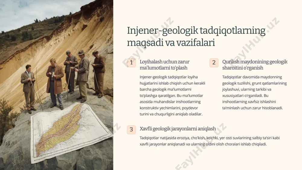 umotlarni beradi. 2 mukammal izlanishlar bu bosqichda chuqur tahlillar o'tkaziladi: burg'ulash ishlari, laboratoriya tadqiqotlari, geofizik tekshiruvlar amalga oshiriladi. olingan ma'lumotlar asosida mukammal injener-geologik hisobot tayyorlanadi va loyiha hujjatlarini ishlab chiqiladi. 3 qo'shimcha izlanishlar loyihalash yoki qurilish jarayonida yangi ma'lumotlar yoki muammolar aniqlansa, qo'shimcha izlanishlar o'tkaziladi. bu bosqich muayyan masalalarni chuqurroq o'rganish uchun xizmat qiladi. 3 injener-geologik syomka maydonni vizual ko'zdan kechirish injener-geologik syomkaning birinchi bosqichi - mutaxassislar tomonidan qurilish maydonini to'liq ko'zdan kechirish. bu jarayonda yer yuzasidagi geologik sharoitlar, relyef xususiyatlari, mavjud yoriqlar, cho'kishlar va boshqa vizual belgilar qayd etiladi. topografik xaritalar tuzish maydonning topografik xususiyatlari o'rganiladi va batafsil topografik xaritalar tuziladi. bu xaritalar relyef shakllarini, balandlik nuqtalarini, tabiiy va sun'iy ob'ektlarni o'z ichiga oladi va keyingi tadqiqotlar uchun asos bo'ladi. geologik kesimlarni yaratish to'plangan dastlabki ma'lumotlar asosida maydonda geologik kesimlar yaratiladi. bu kesimlar yer qatlamlarining vertikal joylashuvini ko'rsatadi va burg'ulash nuqtalarini belgilash uchun foydalaniladi. 4 burg'ilash ishlari burg'u quduqlarini …