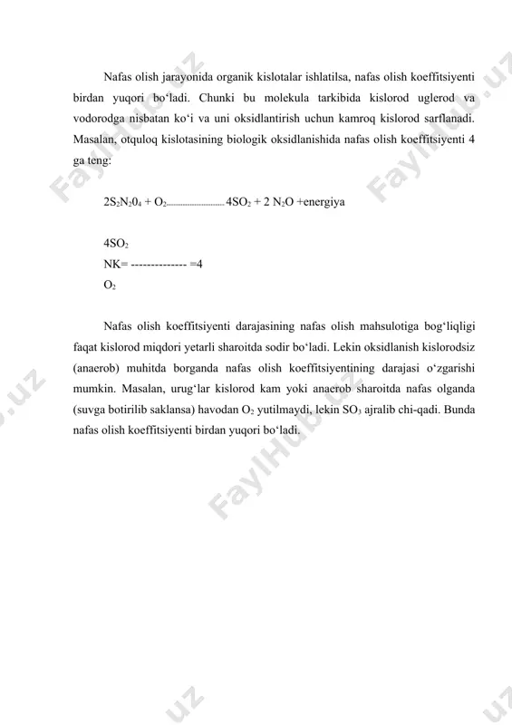 + v —— va+vo. natnjada akseptor vazifasini bajaruvchi oksidlanuvchi modda (a) yana osonlik bilan ajralib qoladi. organik modda (v) esa tо‘la oksidlanadi. a.n.bax kislorodni faollovchi moddalarni oksigenazalar deb atadi. oksigenazalarga о‘simliklar tо‘qimasida kо‘p tarqalgan har xil kimyoviy birikmalar kiradi. oksigenazalardagi faollashgan kislorod oksidlanayetgan birikmalar kiradi. ma’lum vakt fanda bu jarayonda peroksidaza fermenti muhim ahamiyatga ega, degan fikr hukm surardi. lekin 1955 yilda yaponiyada (o.xayaishi va boshqalar) va aqshda (g.s.mezon va boshqalar) molekulyar kislorodning organik moddalar bilan birikishi mumkinligini isbotlashdi. hozirgi vaqtga kelib ma’lum bulishicha, a.n.bax nazariyasining nafas olishga aloqasi yо‘q. ammo u nafas olish jarayoninnng ximizmini о‘rganishga yо‘l ochib berdi. chunki bu nazariyada kislorodni faollashtirishning zamonaviy mexanizmini ishlab chiqish uchun asossolingan edi. v.i.palladinning vodorodni faollashtirish nazariyasi. biologik oksidlanish jarayonining mexanizmini о‘rganishda v.i.palladinning (1912) ishlari muhim ahamiyatga ega bо‘ldi. uning nazariyasiga kо‘ra, о‘simlik xromogenlari substratdagi vodorodni о‘ziga biriktirib oladi va keyinchalik ularni kislorodga о‘tkazadi. bu nazariya bо‘yicha nafas olish ikki bosqichdan …