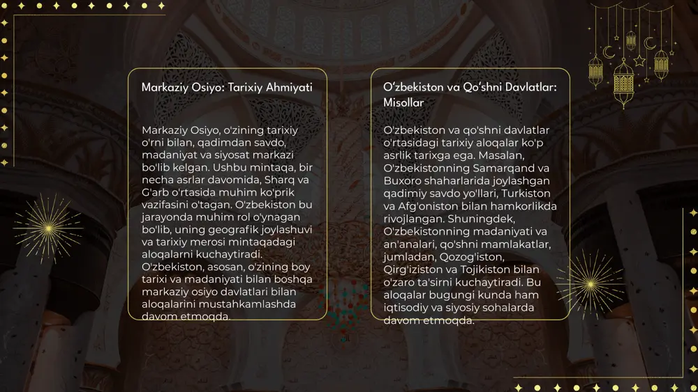 n birga, ekologik muammolar va ijtimoiy-iqtisodiy tengsizliklar ham mintaqaviy hamkorlikka salbiy ta'sir ko‘rsatishi mumkin. madaniy almashuv tushunchasi madaniy almashuv – bu mamlakatlar o'rtasida san'at, til, an'analar va qadriyatlar almashinuvi. o'zbekistonning markaziy osiyo mamlakatlari bilan madaniy almashuvi, misol uchun, qo'shiq va raqs festivallari, an'anaviy hunarmandchilik ko'rgazmalari orqali amalga oshmoqda. bu jarayon o'zbekiston va qo'shni davlatlar o'rtasida do'stlikni mustahkamlab, ijtimoiy rivojlanishga hissa qo'shadi. oʻzbekistonning markaziy osiyo bilan aloqalari turli madaniy almashinuvlar va o'zaro ta'sirlar orqali namoyon bo'ladi. masalan, qozog'iston bilan bo'lgan muloqotlar orqali o'zbek musiqasi va raqslari qozog'iston madaniyatiga kirib kelgan. qirg'iziston esa o'zining an'anaviy qo'shiqlari bilan o'zbek san'atiga ta'sir ko'rsatdi. turkmaniston bilan o'zaro aloqalar esa, asosan, qo'shni madaniyatlarining ovqatlarida va bayramlarida o'z ifodasini topadi. tojikiston bilan esa o'zaro til va adabiyot almashinuvi kuzatilmoqda. o'zaro ta'sirlar madaniy almashuv oʻzbekiston iqtisodiyotiga katta foyda keltiradi. masalan, soʻnggi yillarda turizm sanoati 15% ga oʻsdi, bu esa mamlakatning global iqtisodiy tarmogʻiga kirish imkoniyatlarini kengaytirmoqda. shuningdek, madaniy …