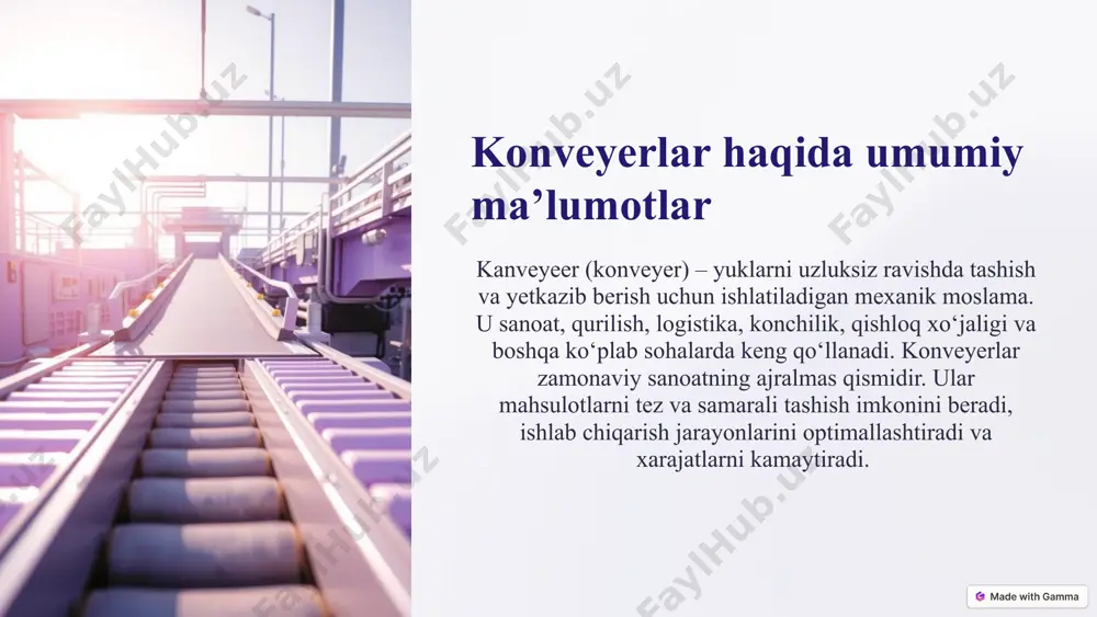 iq-ovqat sanoati va logistika kabi sohalarda keng qo'llaniladi. ular ishlab chiqarish unumdorligini sezilarli darajada oshiradi. tasma yuklarni tashish uchun asosiy qism roliklar tasmani qo'llab-quvvatlash va harakatlantirish motor konveyerni harakatga keltiruvchi asosiy element g'altakli va zanjirli konveyerlar g'altakli konveyerlar gravitatsiya yordamida harakatlanadi va arzonligi bilan ajralib turadi. zanjirli konveyerlar esa mustahkamligi va og'ir yuklarni ko'tarish qobiliyati bilan mashhur. g'altakli konveyerlar odatda qisqa masofalarga yuklarni tashish uchun ishlatiladi, zanjirli konveyerlar esa og'ir sanoatda keng qo'llaniladi. ularning qo'llanilish sohalari va farqlari ularni turli xil vazifalar uchun mos qiladi. g'altakli konveyerlar gravitatsiya yordamida harakatlanish arzon va oson o'rnatiladi zanjirli konveyerlar mustahkamlik va yuqori quvvat og'ir yuklarni ko'tarish imkoniyati konveyerlarning sanoatdagi qo'llanilishi konveyerlar turli xil sanoat sohalarida keng qo'llaniladi. oziq-ovqat sanoatida ular qadoqlash va saralash jarayonlarida muhim rol o'ynaydi. avtomobil sanoatida yig'ish liniyalarining ajralmas qismi hisoblanadi. konchilik sanoatida ruda va ko'mir tashish uchun ishlatiladi. logistika sohasida omborlar va yuklarni jo'natishda katta yordam beradi. konveyerlar ishlab …