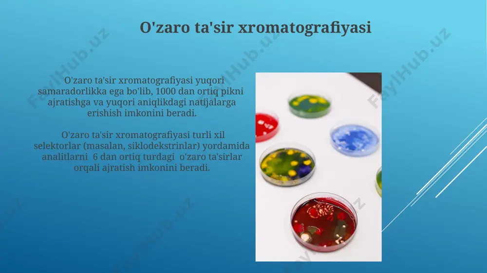 qlash imkonini beradi, bu esa uni farmatsevtika va oziq-ovqat sanoatida muhim qiladi. ion almashinuvi xromatografiyasi ion almashinuvi xromatografiyasi turli zaryadli ionlarni ajratish uchun ion almashuvchi qatlam (masalan, kuchli kislotali kation almashtiruvchi smolalar)dan foydalanadi va bu jarayon ph ning o'zgarishi yoki tuz konsentratsiyasining gradienti orqali boshqariladi. ushbu usul 10 ga yaqin komponentlarning aralashmasini ajratishga qodir bo'lib, analitlarning ionlashish darajasi va selektiv ion almashtiruvchi materiallarni tanlash muhim ahamiyatga ega. yuqori samarali suyuqlik xromatografiyasi (yuysx) yuysx yuqori bosimli nasoslardan foydalanadi, bu esa 10-50 mpa bosim ostida mobil fazani tez va samarali harakatlantirish imkonini beradi, natijada analitlarning tezroq ajratilishiga olib keladi. yuysx detektorlari, masalan, uv-vis detektorlari, analitlarni 190-800 nm to'lqin uzunligi diapazonida aniqlash imkonini berib, keng turdagi birikmalarni aniqlashga yordam beradi. gaz xromatografiyasi (gx) gaz xromatografiyasi (gx)da har xil birikmalarning qaynash temperaturasi farqlaridan foydalanib, aralashmalardagi komponentlarni ajratish mumkin, bu usulda detektorlar yordamida 10⁻⁹ gramm miqdoridagi moddalarni aniqlash imkoniyati mavjud. gaz xromatografiyasi (gx) ko'plab sohalarda, …