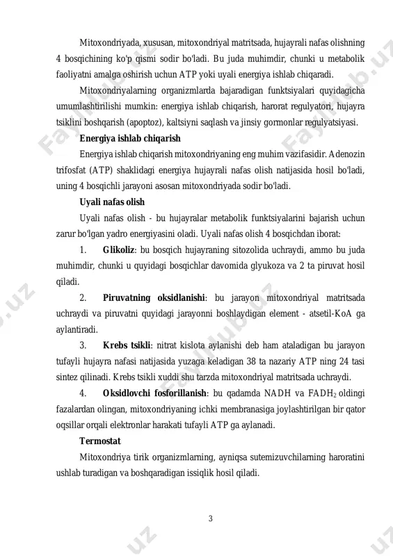 r/ https://qomus.info/oz/encyclopedia/f/fermentlar/ https://uz.warbletoncouncil.org/funcion-de-las-mitocondrias-3318#menu-1 https://uz.warbletoncouncil.org/funcion-de-las-mitocondrias-3318#menu-2 https://uz.warbletoncouncil.org/funcion-de-las-mitocondrias-3318#menu-3 https://uz.warbletoncouncil.org/funcion-de-las-mitocondrias-3318#menu-4 https://uz.warbletoncouncil.org/funcion-de-las-mitocondrias-3318#menu-5 https://uz.warbletoncouncil.org/funcion-de-las-mitocondrias-3318#menu-6 3 mitoxondriyada, xususan, mitoxondriyal matritsada, hujayrali nafas olishning 4 bosqichining ko'p qismi sodir bo'ladi. bu juda muhimdir, chunki u metabolik faoliyatni amalga oshirish uchun atp yoki uyali energiya ishlab chiqaradi. mitoxondriyalarning organizmlarda bajaradigan funktsiyalari quyidagicha umumlashtirilishi mumkin: energiya ishlab chiqarish, harorat regulyatori, hujayra tsiklini boshqarish (apoptoz), kaltsiyni saqlash va jinsiy gormonlar regulyatsiyasi. energiya ishlab chiqarish energiya ishlab chiqarish mitoxondriyaning eng muhim vazifasidir. adenozin trifosfat (atp) shaklidagi energiya hujayrali nafas olish natijasida hosil bo'ladi, uning 4 bosqichli jarayoni asosan mitoxondriyada sodir bo'ladi. uyali nafas olish uyali nafas olish - bu hujayralar metabolik funktsiyalarini bajarish uchun zarur bo'lgan yadro energiyasini oladi. uyali nafas olish 4 bosqichdan iborat: 1. glikoliz: bu bosqich hujayraning sitozolida uchraydi, ammo bu juda muhimdir, chunki u quyidagi bosqichlar davomida glyukoza va 2 ta piruvat hosil qiladi. 2. piruvatning oksidlanishi: bu jarayon mitoxondriyal matritsada uchraydi va piruvatni quyidagi jarayonni boshlaydigan element …