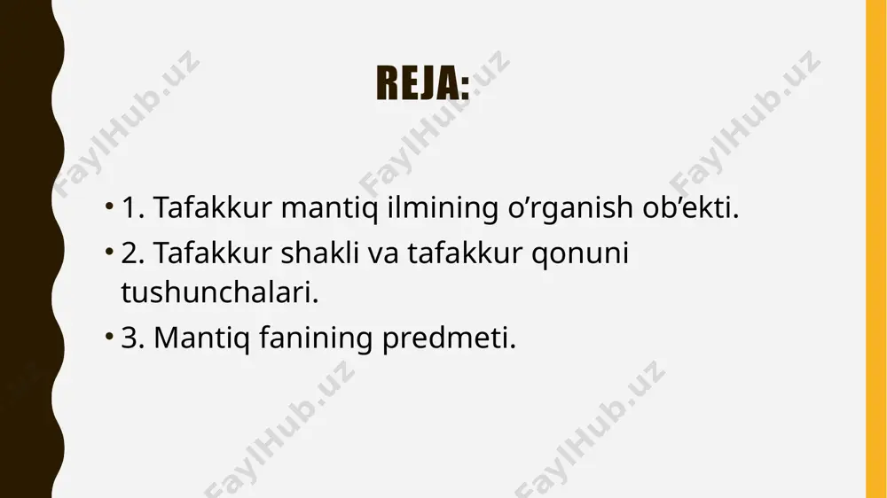 tlar doirasi, tadqiqot yo’nalishi, shakllari va metodlarini belgilab beradi. bilish murakkab, ziddiyatli, turli xil darajalarda va shakllarda amalga oshadigan jarayondir. uning dastlabki bosqichini hissiy bilish – insonning sezgi organlari yordamida bilishi tashkil etadi. bu bosqichda predmet va hodisalarning tashqi xususiyatlari va munosabatlari, ya’ni ularning tashqi tomonida bevosita namoyon bo’ladigan va shuning uchun ham inson bevosita seza oladigan belgilari haqida ma’lumotlar olinadi. tafakkur shakli va tafakkur qonuni tushunchalari. tafakkur uch xil shaklda: tushuncha, hukm (mulohaza) va xulosa chiqarish shaklida mavjud. tafakkur shakli fikrning mazmunini tashkil etuvchi elementlarning bog’lanish usuli, uning strukturasi (tuzilishi)dir. fikrlash elementlari deganda, predmetning fikrda ifoda qilingan belgilari haqidagi axborotlar tushuniladi. tafakkur shaklining tabiatini konkret misollar yordamida ko’rib chiqamiz. ma’lumki, ayrim predmetlar, ularning sinfi (to’plami) kishilar tafakkurida turli xil mazmunga ega bo’lgan tushunchalarda aks ettiriladi. masalan, «davlat» tushunchasida o’zining maydoniga, aholisiga, boshqaruv vositalariga ega bo’lgan siyosiy tashkilot aks ettiriladi. “milliy g’oya” tushunchasida esa millatning, xalqning kelajak bilan bog’liq orzu-havaslari, …
