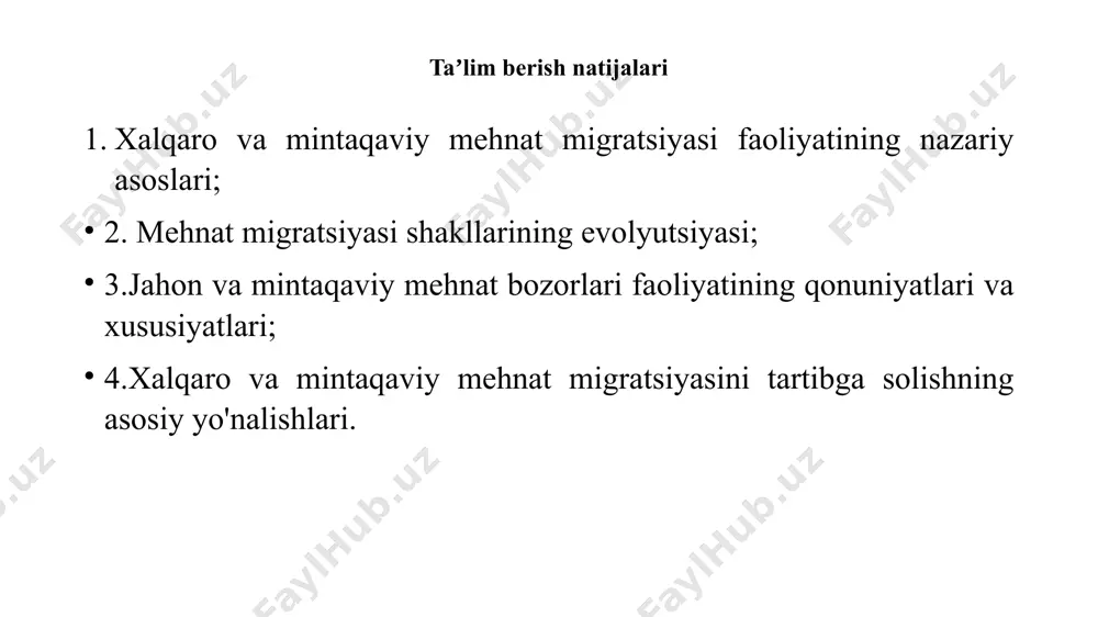alanish. ijtimoiy tadqiqotlar: migrantlar bilan intervyu yoki so‘rovnomalar orqali ijtimoiy va madaniy jihatlarni o‘rganish. qiyosiy tahlil: turli hududlardagi mehnat migrasiyasi holatlarini solishtirish. modellash va prognozlash: migratsiyaning kelajakdagi holatini va oqibatlarini prognoz qilish uchun matematik yoki iqtisodiy modellardan foydalanish. konsultativ metodlar: hukumatlar va tashkilotlar bilan ishlash, mehnat migratsiyasi siyosatlarini shakllantirish. image1.png image2.png /docprops/thumbnail.jpeg