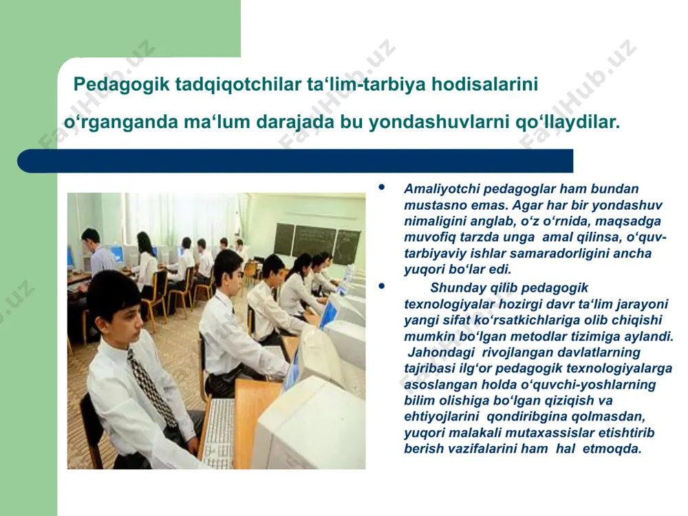 з-ўзини назорат қилиш усули китоб билан ишлаш усули uzluksiz ta'lim tizimi va ta'lim turlari maktabgacha ta'lim umumiy o'rta ta'lim o'rta maxsus, kasb-hunar ta'limi oliy ta'lim oliy o'quv yurtidan keyingi ta'lim kadrlar malakasini oshirish va ularni qayta tayyorlash maktabdan tashqari ta'lim 14 ta'lim shakllarini optimallashtirish maqsadida, inson va texnika resurslari va ularning o'zaro ta'sirini hisobga olgan holda, butun o'qitish va bilimlarni o'zlashtirish jarayonini yaratish, qo'llash va aniqlash tizimidir. (yunesko) pedagogik texnologiya 15 ta'lim beruvchi va ta'lim oluvchining muayyan maqsadga qaratilgan birgalikdagi faoliyatini tashkil qilishning tartibga solingan yo'llar yig'indisi. ta'lim metodlari 16 ma'ruza to'rt pog'onali aqliy hujum kichik guruhlarda ishlash davra suhbati bahs-munozara rolli o'yin ishbop o'yin muammoli vaziyat loyiha yo'naltiruvchi matn ta'lim metodlari 17 “aqliy hujum” metodi- - biror muammo bo'yicha o'quvchilar tomonidan bildirilgan erkin fikr va mulohazalarni to'plab, ular orqali ma'lum bir yechimga kelinadigan metoddir. aqliy hujum 18 «aqliy hujum» metodining tuzilmasi muammoli savol beriladi fikr va g'oyalar bildiriladi va …