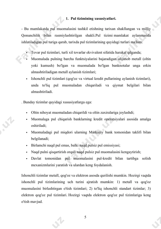 lari ham, fojialari ham pul bilan bog’liqdir. inson faoliyatini eng muhim xarakatga keltiruvchi kuchlardan biri pul bo’lib kelgan va shunday bo’lib qoladi. taniqli davlat arboblaridan biri ta’kidlaganidek, «davlatni o’rni uni qancha soldati yoki pushkalarini qudrati bilan emas, balki milliy valyutaning mustahkamligi bilan belgilanadi». bunga shuni qo’shimcha qilish mumkinki, korxonaning mavqi unda necha kishini ishlashi, ishlab chiqariladigan maxsulot miqdori bilan emas, balki uning moliyaviy barqarorligi bilan belgilanadi. yaxshi ishlayotgan pul tizimi jamiyatning barcha imkoniyatlaridan to’liq foydalanish imkoniyatini beradi, aksincha yomon ishlayotgan pul tizimi pul muomalasini izdan chiqarib ishlab chiqarish darajasidagi keskin pasayishlar, iqtisoddagi bandlikka va bahoga, pulni sotib olish qobiliyatini pasayishiga salbiy ta’sir ko’rsatadi.tarixiy manbalarga ko’ra birinchi qog’oz pullar xii – asrda xitoyda chiqarilgan. shuning bilan birga 700 yillarda kumush tangalar chiqarilgunga qadar buxoro davlatida qog’oz pullardan foydalanilgan.umuman tarixda birinchi tangalar vii – asrda kichik osiyodagi lidiya mamlakatida zabt etilgan. k.marks, a.smit va d.rekrdolarning tadqiqotlariga tayangan holda pulni vujudga kelish jaryonini …