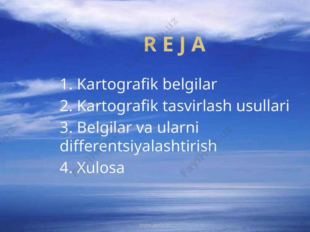 www.arxiv.uz masshtabsiz shartli belgilar bilan masshtabda ko’rsatish mumkin bo’lmagan obyektlar tasvirlanadi daraxtlar tegirmon buloq, quduqlar neft va gaz vishkalari yodgorliklar zavod fabrikalar www.arxiv.uz maydonli shartli belgilar konturni saqlab qolish mumkin bo’lgan obyektlar tasvirlanadi. o’rmon poliz o’tloq botqoqlik ko’l bog’ www.arxiv.uz chiziqli shartli belgilarda uzunligi xarita masshtabida ifodalanadigan obyektlar ifodalanadi yo’llar telefon liniyalari daryo qirg’oq chiziqlari siyosiy ma’muriy chegaralar www.arxiv.uz kartografik tasvirlashning asosiy usullari diagrammalar harakat belgilardagi hartogramma kartodiagramma sifatli fonlar nuqtalar areallar miqdorli fonlar www.arxiv.uz belgilar alohida tasvirlash usuli sifatida xarita masshtabida ifodalanmaydigan obyektlarning o’rnashgan joyini ko’rsatish uchun yoki umuman aniq punktlarga joylashtirilgan hodisalarni tasvirlab berish uchun ishlatiladi. geometrik belgilar harfli belgilar ko’rgazmali belgilar www.arxiv.uz www.arxiv.uz izoliniyalar izoliniyalar usuli bu usulda uzluksiz tarqalgan va fazoda asta-sekin o’zgaradigan hodisalar tasvirlanadi izoliniyalar deb, xaritada hodisaning miqdor ko’rsatkichi asosida bir xil qiymatga ega bo’lgan nuqtalar bo’yicha o’tgan yoki ularning birlashtiruvchi egri chiziqqa aytiladi ``izos`` grekcha teng, bir xil www.arxiv.uz izoliniya usulida izoterma -- …
