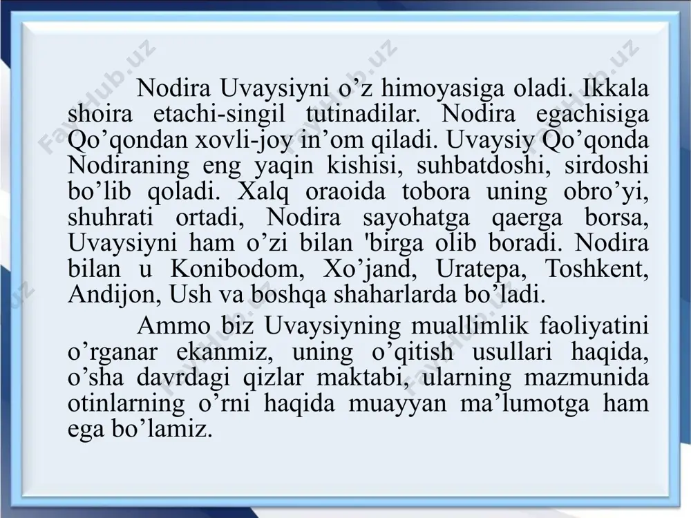 bilimdon ayol. ana shu olijanob insoniy fazilatlar kishilardagi vafosizlik, bemehrlik, yolg’onchilik, subutsizlik kabi salbiy illatlarga qarama-qarshi qo’yiladi. u o’zining maktabdorlik va ijodiy faoliyati bilan yoshlar ta’limida yuksak o’ringa ega. uvaysiyning ma’rifiy faoliyatida uning ayollar savodxonligini oshirish, aqliy tarbiya, musiqa san’ati, qobiliyatli qizlar bilan ish usullari alohida o’ringa ega. u o’z davrining yosh tolybalariga hayotga muhabbat tuyg’ularini singdirib borgan, tez fikrlash, chiroyli so’zlash va boshqa tarbiya voeitalari bilan bog’liq bo’lgan chiston-topishmoq usullarini yaratishni o’rgatgan. shuning uchun ham uvaysiy ijodiy merosini o’rganish va uni hozirgi davr maktablar ta’lim-tarbiya tizimi mazmuniga kiritish muhimdir. image1.jpeg image2.png image3.jpeg image4.jpeg image5.jpeg image6.jpeg image7.png image8.jpeg image9.jpeg image10.png image11.png image12.jpeg image13.jpeg image14.jpeg image15.jpeg image16.jpeg image17.jpeg image18.jpeg image19.png image20.jpeg
