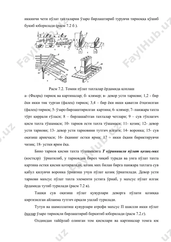 т, қишлоқ хўжалик ва турар-жой биноларида кенг қўлланилиб келмоқда. бундай том қопламалари қачонки том қиялиги 40-60 % ни ташкил қилганда қўл келади. асбест-цемент тўлқинсимон тахталарнинг қуйидаги турлари қурилишда кенг қўлланилади: оддий кесим юзали, зўриқтирилган кесим юзали ва бирхилаштирилган кесим юзали. юқорида номланган ъар уч турли асбест-цемент тахталар учун махсус шаклли: сув айиргич, ариқча, бурчак учун ва ўтиш қисмлари ишлаб чиқилган. оддий кесим юзали асбест-цемент тахталар учун асос бўлиб 60х60 мм кесим юзали чор қирра ғўладан тайёрланган панжара тахта хизмат қилади. уларни шундай жойлаштириш керакки, ъар бир асбест-цемент тахта учта чор қиррали ғўла устига (ғўла оралиғи 530-540 мм ни ташкил қилади) ўрнасин. бунда устма-уст тушишдаги чок босишни хисоби олинган бўлиши керак. сув тўплагич, девор усти тарнов қисми, ва тарнов остида эса ёппа тахта тўшама ётқизилади. зўриқтирилган ва бир хиллаштирилган кесим юзали асбест-цемент тахталарни ётқизиш учун шунингдек швеллер, пўлат бурчак, арматура стержени, тавр кесимли темирбетон тўсинлоар хам хизмат қилади (расм 7.3). темирбетон …