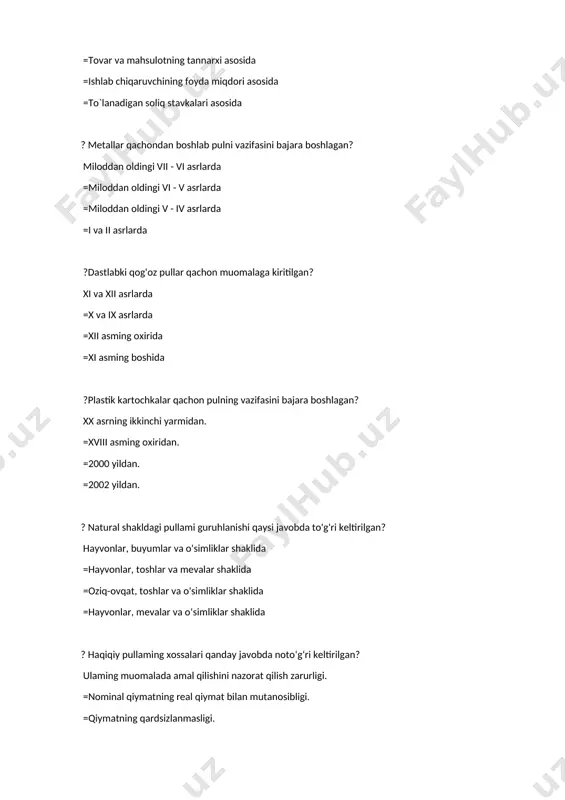 ga tolovni amalga oshirish to‘g‘risidagi yozma topshirigl. =sotuvchi va sotib oluvchi oytasidagi shartnomaga ko‘ra tolovni amalga oshirish bo`yicha mablag‘ oluvchiningyozma topshirigl. ?to'lov talabnoma bu: sotuvchi jo‘natilgan tovarlar va ko‘rsatilgan xizmatlar uchun mablag'ni talab qilishi haqidagi hujjat. =sotib oluvchining bankka o‘z hisobvaragldan mablag'ni sotuvchi hisobiga otkazib berish haqidagi yozma topshirig`i. =bankning sotuvchiga to`lovni amalga oshirish to‘g‘risidagi yozma topshirig`i. =sotuvchi va sotib oluvchi o‘rtasidagi shartnomaga ko'ra to`lovni amalga oshirish bo'yicha mablag' oluvchining yozma topshirig'i. ?akkreditivning shakllari qaysi javobda to‘g‘rikeltirilgan? qoplangan va qoplanmagan akkreditiv. =kreditlanadigan va kreditlanmaydigan. =tolanadigan va tolanmaydigan. =daromadli va daromadsiz. ?aktseptli to‘lov talabnomalarda: bank dastlab belgilangan muddatda mijozning roziligini oladi, so'ng to`lovni amalga oshiradi. =bank dastlab tolovni amalga oshiradi so'ng mijozning roziligini oladi. =bank belgilangan muddatda tolovni amalga oshirib bu haqda mijozga xabar beradi. =bank hujjat kelib tushgan zahoti tolovni amalga oshiradi va bu haqda mijozga xabar beradi. ?aktseptsiz to‘lov talabnomalarda: bank dastlab to`lovni amalga oshiradi so'ng mijozning roziligini oladi. …