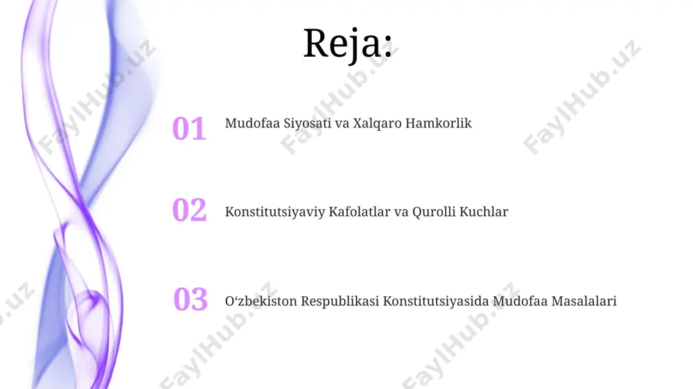 lish va hududiy yaxlitlikni ta'minlash maqsadida, konstitutsiya 26-modda boʻyicha, 100 000 dan ortiq harbiy xizmatchilarni oʻz ichiga olgan qurolli kuchlarning mavjudligini kafolatlaydi. qurolli kuchlar va ularning vazifalari qurolli kuchlarning tarkibiy tuzilishi va harbiy xizmatchilarning huquqiy holati oʻzbekiston respublikasining qonunlari bilan belgilanadi, masalan, harbiy xizmatchilarning oʻrtacha xizmat muddati 2 yil atrofida boʻlib, bu muddat qonunchilik hujjatlari bilan tartibga solinadi. oʻzbekiston respublikasi qurolli kuchlari konstitutsiyaning 26-moddasiga muvofiq, mamlakatning suvereniteti va hududiy yaxlitligini himoya qilish, shuningdek, xalqaro terrorizm va transmilliy jinoyatchilikka qarshi kurash vazifalarini bajaradilar. konstitutsiya qurolli kuchlarning tashkil etilishi, qurollanishi va faoliyatining asosiy tamoyillarini belgilaydi, ularning samarali faoliyati uchun zarur bo'lgan moddiy-texnika bazasini yaratishni ta'minlash toshkent va boshqa viloyatlarda joylashgan harbiy qismlarning rivojlanishiga ta'sir qiladi. favqulodda holatlar va urush vaqtidagi konstitutsiyaviy kafolatlar davlatning mudofaa qobiliyatini mustahkamlash maqsadida, konstitutsiyaning 62-moddasi, oʻzbekiston respublikasi qurolli kuchlari, milliy gvardiya va boshqa harbiy tuzilmalar faoliyatini tartibga soladi. konstitutsiya, 29-moddada, urush vaqtida fuqarolarning asosiy huquq va erkinliklariga nisbatan …