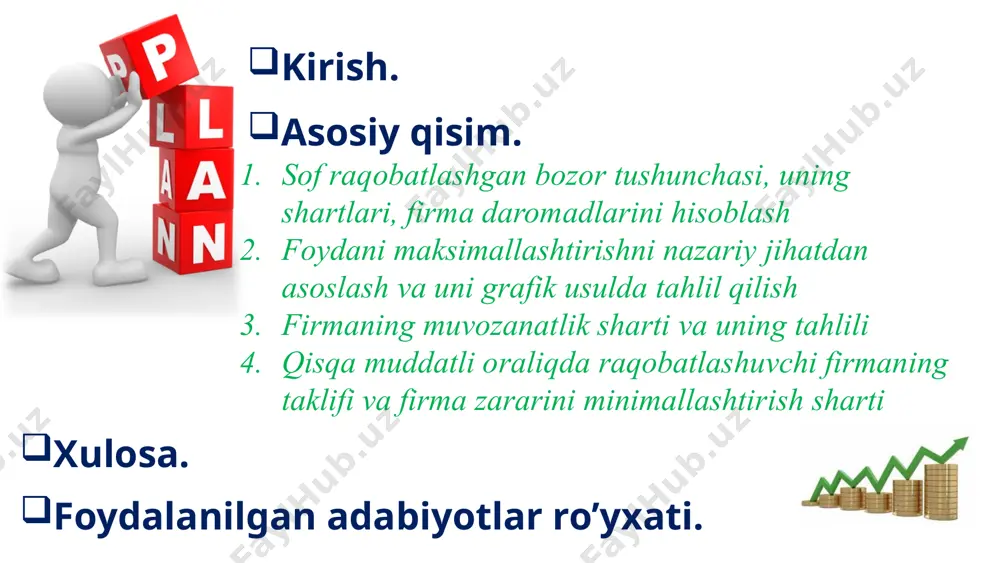 (q) , firma yopiladi (ushbu bozordan ketadi, faoliyatini tugatadi) 4. qisqa muddatli oraliqda raqobatlashuvchi firmaning taklifi va firma zararini minimallashtirish sharti firmaning noldan yuqori hajmdagi ishlab chiqarish taklif chizig’i chekli xarajatning o’rtacha o’zgaruvchan xarajatning minimumidan yuqorida yotgan qismi bilan ustma-ust tushadi firma foydasini maksimallashtirish sharti rasm chekli xarajatlar egri chizig`i (mc), o`rtacha umumiy xarajatlar egri chizig`i (atc), va o`rtacha o`zgaruvchan xarajatlar egri chizig`i (avc)ni ko`rsatadi. u shuningdek chekli daromad (mr) va o`rtacha daromadga (ar) teng bozor narxini ham ko`rsatadi. firma zararini minimallashtiradigan hol agar bozor muvozanati narxi pe bo’lganda va talab chizig’i taklif chizig’ini ac va avc chiziqlari o’rtasida kesib o’tsa, ya’ni, bo’lsa, firma o’z yo’qotishlarini (zararini) minimallashtiradi. xulosa va takliflar bozor sharoitida har qanday firmaning asosiy maqsadi foydani maksimallashtirishdan iboratdir. umumiy holda foyda yalpi daromaddan umumiy xarajatlarni ayirish orqali topiladi. xarajatlar firmaga nisbatan tashqi va ichki xarajatlarga bo’linadi. tashqi xarajatlarga tashqi to’lovlar, ya’ni tashqi mol etkazib beruvchilarga (xom-ashyo, materiallar, …
