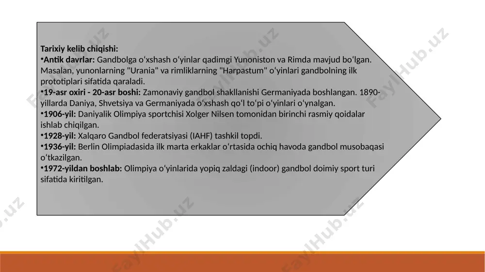 zli musobaqadir. gandboldagi asosiy pozitsiyalar: darvozabon (goalkeeper): faqatgina 6 metrlik zonada harakat qiladi, zarbalarni to‘sadi. chap va o‘ng qanot o‘yinchisi (wingers): tezkor hujum va tez qaytish uchun mas’ul. markaziy o‘yinchi (playmaker): taktikani boshqaruvchi, hujumni tashkil qiluvchi o‘yinchi. yarim himoyachilar (backs): uzoqdan kuchli zarbalar beradigan o‘yinchilar. chuqurlikdagi hujumchi (pivot): himoya orasida joylashib, e’tiborni chalg‘itish yoki gol urish uchun imkoniyat yaratadi. xulosa gandbol – jismoniy tayyorgarlik, tezkor fikrlash va jamoaviy harakatni birlashtirgan zamonaviy sport turlaridan biridir. uning ildizlari qadimgi davrlarga borib taqalsa-da, bugungi kunda u global darajada rivojlangan, o‘ziga xos qoidalar va professional tizimga ega sport turi sifatida tan olingan. gandbol nafaqat sport, balki tarbiya vositasi sifatida ham katta ahamiyat kasb etadi. unda qatnashuvchi sportchilar jismoniy bardamlik, intizom, strategik fikrlash va jamoaviylik kabi muhim fazilatlarga ega bo‘ladilar. o‘zbekiston sport tizimida ham gandbol asta-sekin rivojlanib, yoshlar orasida ommalashib bormoqda. yurtimizda bu sport turiga bo‘lgan e’tibor ortib borayotgani kelajakda xalqaro miqyosda raqobatbardosh sportchilar yetishib …