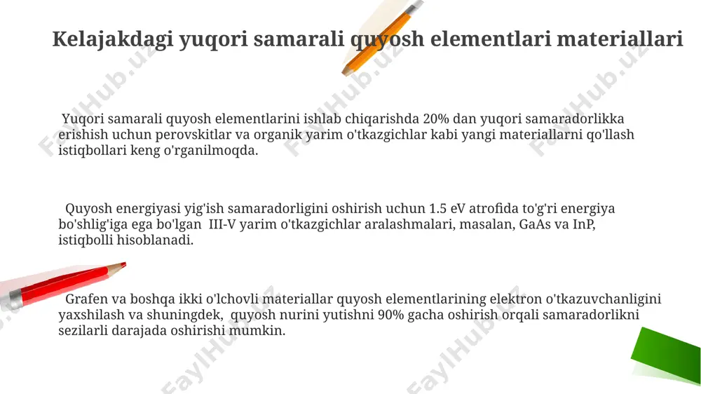i sodda. yupqa plyonkali cdte va cigs quyosh elementlari yuqori samaradorlikka ega boʻlib, 15-20% gacha samaradorlik koʻrsatkichlariga erisha oladi, bu esa ularni keng qoʻllanishga moslashtiradi. e'tiboringiz uchun rahmat @taqdimot_robot image2.png image1.png