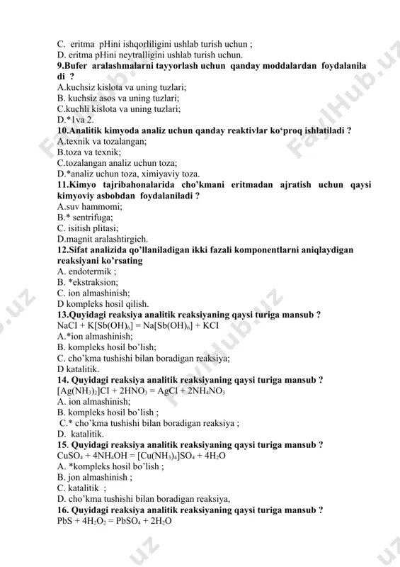 ay moddalar reaktivlar diyiladi? a.* eritmada berilgan ion bor – yo’qligini topishga yordam beradigan moddaga aytiladi; b.tuzlarni suvdagi eritmasiga; c. suvda kam eriydigan eritmalarga; d. eritmalarda yuzaga chiqadigan reaksiyalarga. 30.uchuvchan, badbo’y va zaharli reaktivlar bilan qayerda ishlash kerak? a. stol ustida; b. *mo’rili shkafda; c. gaz gorelka yonida; d. idishlarni yuvish xonasida. 31.аnаlitik kimyoda bir necha ionlar bilan o’hshash natija beradigan reaksiya ham uchraydi. bu qanday reaksiya? а.seziluvchan reaksiya; b. spetsifik reaksiya; с. *selektiv reaksiya; д. oddiy reaksiya. i-analitik guruh katiоnlarining sifat rеaktsiyalari. aralashma analizi. 32.nessler reaktivining formulasini toping a. k2[fe(cn)6]; b.*k2[hgj4]+koh; c.h2c4h4o6; d.khc4h4o6. 33.nessler reaktivi yordamida qaysi kationni aniqlash mumkin? a.na+; b.k+; c.ca2+; d.*nh4+. 34.k+-kationining uchuvchan tuzlari alanga rangini qanday rangga bo’yaydi? а. och yashil ; в.och siyohrang; с. *binafsha; d. och sariq. 35.i guruh kationlarining guruh reagentini ko’rsating ? а. * guruh reagenti mavjud emas ; в. nessler reaktivi; с. uo2(ch3coo)2; d. h2so4. 36.nahc4h4o6 – natriy gidrotartrat kaliy …