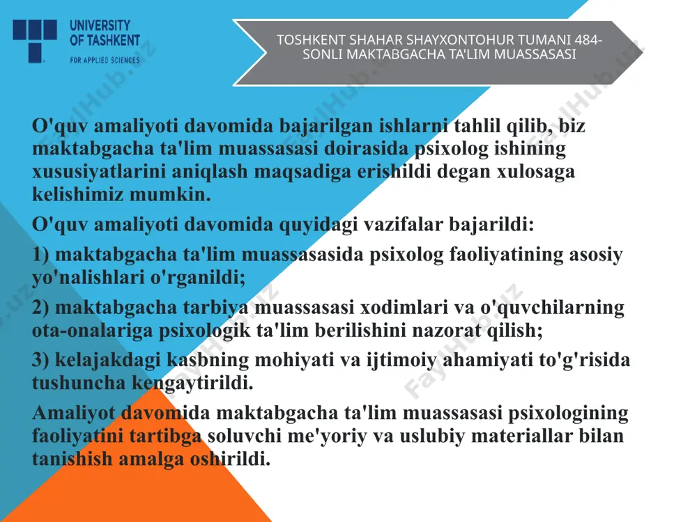 ing yo'limga yo'l". ushbu dasturni amalga oshirish bo'yicha olib borilgan ishlar bolalarning psixologik jihatdan sog'lom va quvnoq bo'lishiga yordam beradi deb o'ylashadi. dasturni amalga oshirishda yuzaga kelgan asosiy qiyinchiliklar ota – onalarning etarlicha faolligi, psixologik profilaktika muhimligini tushunmaslikdir. yuqoridagilarni umumlashtirib, quyidagi xulosaga kelishimiz mumkin: maktabgacha ta'lim muassasasining asosiy vazifasi sifatida o'quvchilarning sog'lig'ini saqlash va mustahkamlash bolaning psixologik sog'lig'iga ongli munosabatiga asoslangan bo'lishi kerak, bu albatta "o'z-o'ziga yo'l"dasturini amalga oshirishga yordam beradi. shuni ham ta'kidlaymanki, bolalar maktabgacha ta'lim muassasasida psixologning ishi menga zavq bag'ishladi va amaliyot davomida olingan amaliy tajriba, shubhasiz, kelajakda, kasbiy faoliyatimni qurishda foydali bo'ladi. bundan tashqari, amaliyot davomida bitiruv malakaviy ishlari uchun nazariy va amaliy materiallar to'plandi. e‘tiboringiz uchun raxmat! image3.jpeg image4.png image6.jpg image7.jpeg image8.jpeg image9.jpeg image10.jpeg image11.png /docprops/thumbnail.jpeg