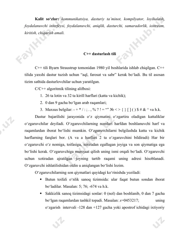 ri bor. (a va a harflari 2 ta o‘zgaruvchini bildiradi) har bir o‘zgaruvchi o‘z nomiga, toifasiga, xotiradan egallagan joyiga va son qiymatiga ega bo‘lishi kerak. o‘zgaruvchiga murojaat qilish uning ismi orqali bo‘ladi. o‘zgaruvchi uchun xotiradan ajratilgan joyning tartib raqami uning adresi hisoblanadi. o‘zgaruvchi ishlatilishidan oldin u aniqlangan bo‘lishi lozim. o‘zgaruvchilarning son qiymatlari quyidagi ko‘rinishda yoziladi: · butun toifali o‘nlik sanoq tizimsida: ular faqat butun sondan iborat bo‘ladilar. masalan: 5; 76; -674 va h.k. · sakkizlik sanoq tizimsidagi sonlar: 0 (nol) dan boshlanib, 0 dan 7 gacha bo‘lgan raqamlardan tashkil topadi. masalan: x=0453217; uning o‘zgarish intervali -128 dan +127 gacha yoki apostrof ichidagi ixtiyoriy 1ta simvol. xotiradan 1 bayt joy oladi. simvollar ascii kodlariga mos keladi. ( ascii – american standart code for information interchange) · butun toifali o‘zgaruvchilar: int. masalan: int a, i, j ; bu yerda dasturda ishlatilayotgan a, i, j o‘zgaruvchilarining toifasi butun ekanligi ko‘rsatildi. bu toifadagi o‘zgaruvchilar …