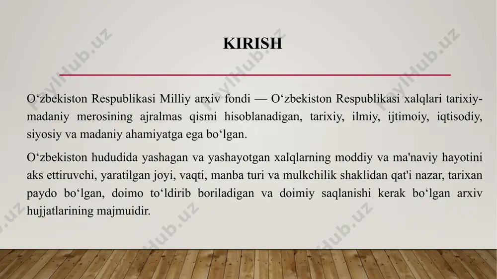 atlari (yoki ularning qismlari) mazmuni to'g’risidagi ma'lumotlar mavzu yoki soha bo'yicha belgilangan tasniflash sxemasi asosida joylashtirilgan arxivning fondlararo arxiv ma'lumotnomasi; birlashtirilgan arxiv fondi – bir-biri bilan tarixiy va/yoki mantiqiy aloqalarga ega bo'lgan ikki yoki undan ortiq tashkilotlar, shuningdek o'zaro tarixiy va/yoki mantiqiy bog’liq aloqalarga ega bo'lgan fuqarolarning faoliyati jarayonida paydo bo'lgan arxiv hujjatlaridan iborat arxiv fondi; birlashtirilgan arxiv fondi fondning tarixiy ma’lumotnomasi fond tashkil etuvchining tarixi bo‘yicha ma’lumotlarga uning tashkil etilgan sanasi, nomining o‘zgarishi, qayta tashkil etilishi, tugatilishi, idoraviy tegishliligi, tarkibi va funksiyalari, avvalgi tashkilot nomi va huquqiy vorisi haqidagi axborotlar kiradi. shaxsiy kelib chiqish arxiv fondining fond tashkil etuvchi haqidagi ma’lumotlariga shaxsning qisqacha tarjimai holi haqidagi ma’lumotlar (familiyasi, ismi, otasining ismi, taxallusi, nikohgacha bo‘lgan familiyasi, hayotidagi sanalar, kasbi, ishi va ijtimoiy faoliyati haqidagi ma’lumotlar) kiritiladi. oilaviy arxiv fondi uchun o‘xshash ma’lumotlar uning har bir qarindoshi bo‘yicha beriladi. arxiv fondining tarixi haqidagi ma’lumotlarga quyidagilar kiradi: arxivga kelib tushgan sanasi, arxiv …