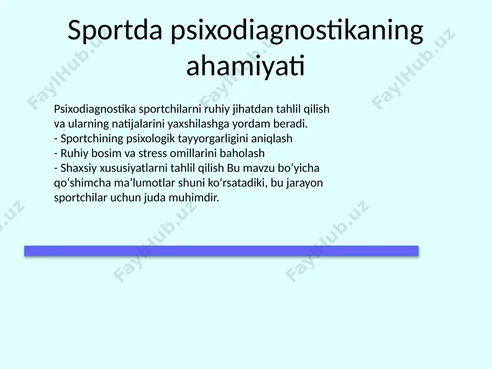 egiyalarni sinash - muayyan sharoitlarda psixologik moslashuvni baholash bu mavzu bo‘yicha qo‘shimcha ma’lumotlar shuni ko‘rsatadiki, bu jarayon sportchilar uchun juda muhimdir. so‘rovnomalar va anketa usullari so‘rovnomalar va anketa usullari sportchilarning shaxsiy xususiyatlari va psixologik holatini baholash uchun ishlatiladi. - qiziqish va motivatsiya darajasini aniqlash - stressga chidamlilik va o‘ziga ishonchni o‘lchash bu mavzu bo‘yicha qo‘shimcha ma’lumotlar shuni ko‘rsatadiki, bu jarayon sportchilar uchun juda muhimdir. psixofiziologik testlar sport psixologiyasida nerv tizimi faoliyatini baholash uchun psixofiziologik testlar qo‘llaniladi. - diqqat va refleks tezligi - yurak urish tezligi va nafas olish - miya faoliyati monitoringi bu mavzu bo‘yicha qo‘shimcha ma’lumotlar shuni ko‘rsatadiki, bu jarayon sportchilar uchun juda muhimdir. stressga chidamlilikni baholash sportchilarning og‘ir sharoitlarga qanday moslashishini aniqlash muhim ahamiyatga ega. - musobaqa oldidan stressni baholash - murabbiylar va sportchilar uchun psixologik mashg‘ulotlar bu mavzu bo‘yicha qo‘shimcha ma’lumotlar shuni ko‘rsatadiki, bu jarayon sportchilar uchun juda muhimdir. motivatsiya va shaxsiy xususiyatlarni aniqlash sportchilarning motivatsion omillari …