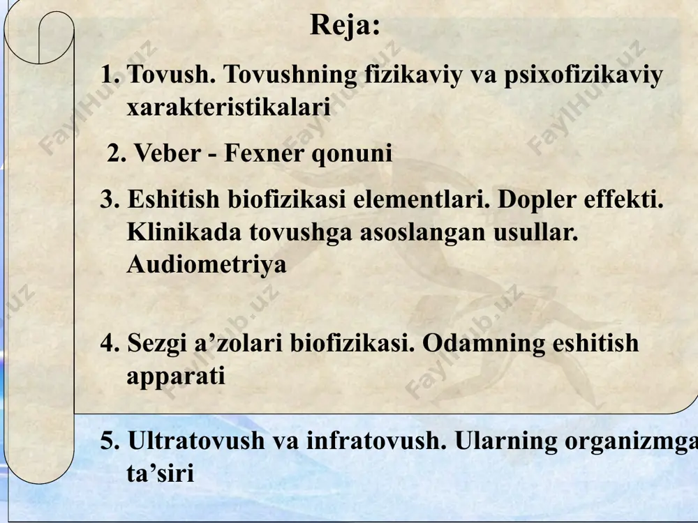 tensivlik. tovushning xarakteristikalari fizikaviy (obyektiv) psixofizikaviy (subyektiv, fiziologik) chastota amplituda yoki intensivlik 3. garmonik spektr balandlik qattiqlik tembr tovush intensivligining fizik xarakteristikasiga tovushning qattiqlik deb ataluvchi psixofizik xarakteristikasi mos keladi. tovush qattiqligi subyektiv ma’noga ega bo’lib tovush chastotasi va sezuvchanlikka bog’liqdir. intensivlik tovush kuchi umov vektori energiya oqimining zichligi intensivlik – vaqt birligi ichida yo’nalishga perpendikulyar bo’lgan birlik yuzadan o’tuvchi to’lqinning energiya miqdoridir, w/ deb belgilanadi. u vektor kattalik tovush intensivligi va qattiqligi o’zaro veber – fexner qonuni bilan bog’langan. agar tovush intensivligi geometrik progressiya bo’yicha oshsa, unda tovush qattiqligi arifmetik progressiya bo’yicha oshadi, ya’ni bunda: e – qattiqlik; k –proporsionallik koeffisienti; i – tovush intensivligi; io – nolinchi intensivlik yoki sezish bo’sag’asi io=10-12 vt/m2 образец текста второй уровень третий уровень четвертый уровень пятый уровень tovush intensivligini xarakterlash uchun o’nli logarifmdan foydalaniladi: β – bellarda o’lchanadi. β = 2b intensivlik sathiga tovush intensivligining quyidagi qiymatlariga to’g’ri keladi. β – intensivlik …