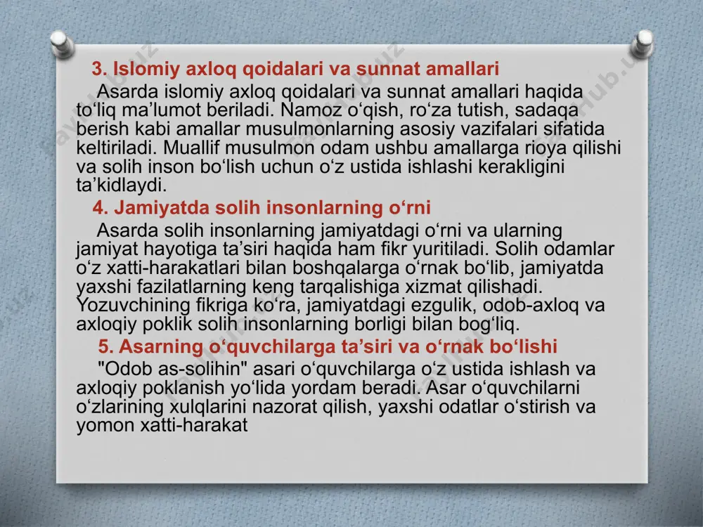 ilar insoniy fazilatlarni tarbiyalash orqali jamiyatning barqarorligini, tinchligini ta’minlashga qaratilgan masalalarni yoritib beradi. asarlarda odatda yomon odamlarning ko‘p azoblanishi, ammo ezgulik yo‘lidan borganlarning oxir-oqibatda mukofotlanishi kabi g‘oyalar ham beriladi. bu esa o‘quvchida ezgulik sari intilish ruhiyatini uyg‘otishga xizmat qiladi. odob va solihlikni targ‘ib qiluvchi asarlar inson qalbini poklash, uni ezgu maqsadlar tomon yo‘naltirish hamda jamiyatda ijobiy o‘zgarishlar qilishga hissa qo‘shishdek maqsadni ko‘zlaydi. odob-axloq g‘oyalari aks etgan asarlarda insoniy fazilatlar va axloqiy qadriyatlar turli badiiy vositalar orqali yoritiladi. bu g‘oyalar jamiyatda odamlarning o‘zaro munosabatlarini yaxshilashga, ahloqiy yetuklikni oshirishga va ma’naviy tarbiyani kuchaytirishga xizmat qiladi. quyida odob-axloq g‘oyalari keltirilgan asarlardagi asosiy jihatlar haqida batafsil ma’lumot: 1. yaxshilik va ezgulik qilishga undash ko‘plab asarlarda odamlarga yaxshilik qilish, boshqalarga yordam berish, mehribon bo‘lish kabi ezgulik g‘oyalari targ‘ib qilinadi. bunday asarlarda qahramonlar odatda yordamga muhtoj odamlarga yordam ko‘rsatadilar yoki o‘zlarining kichik, ammo ahamiyatli xayrixohliklari bilan boshqalarga ta’sir ko‘rsatadilar. bu orqali insonlarga ijobiy ta’sir ko‘rsatish va …