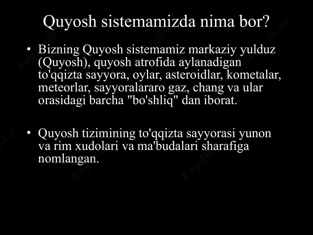 bo'ladi. yer yer - bu faqat tirik organizmlarni qo'llab-quvvatlashi ma'lum bo'lgan yagona sayyora. yer yuzasi 71% suvdan iborat. suv yerdagi hayot uchun zarurdir. okeanlar yerdagi barqaror haroratni saqlashga yordam beradi. yerda bitta oy(yo'ldoshi) va kislorodga boy atmosfera mavjud. yerning oyi oyning bir marta aylanishi uchun taxminan 29 kun kerak bo'ladi. oyning bir tomoni har doim bizga qaraydi. oy yuzasi chang va meteorlarning zarbalari natijasida toshloq qoldiqlar bilan qoplangan. unda suv yoki atmosfera yo'q. oy quyosh nurini yer yuzasiga aks ettiradi. yer singari, mars ham qutblarida muzliklarga ega. marsda quyosh sistemamizdagi eng katta vulqon bor: olympus mons. olympus mons taxminan 15 milya(24.1 km) balandlikda. mars tuprog'idagi temir oksidi yoki zang tufayli qizil ko'rinadi. marsning ikkita yo'ldoshi bor va orbitani aylanishi uchun taxmnan ikki yil kerak bo'ladi. mars pluton plutonning faqat bitta yo'ldoshi bor va quyosh atrofida aylanish uchun taxminan 249 yil kerak bo'ladi. pluton orbitaning bir qismi neptun orbitasi ichidan o'tadi, …