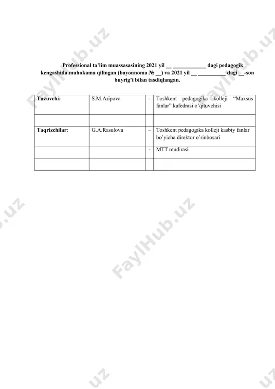 acha yoshdagi bolalar rivojlanishiga qo`yiladigan davlat talablari” va “ilk qadam” davlat o`quv dasturi asosida ta’limiy-tarbiyaviy jarayonini tashkil etish bo’yicha egallayotgan nazariy bilimlarini mustahkamlash, pеdagogik amaliyot jarayonida qo’llash, ijodiy ravishda mttda tadbiq etish yo`llarini o`rganish, kasbga hos malakalarni egallaishdan iborat. rivojlanish markazlarini tashkil etish, kerakli materiallar bilan jihozlash, bolalar faoliyatini boshqara olishni o’rganadi va bajaradi. mtt dagi tajribali tarbiyachilar ishini kuzatadi va maslahatlari bo’yicha ish yuritadi, amaliyot dasturida belgilangan kasbiy bilim, ko`nikma va malakalarini mustahkamlaydi 1.2. pedagogik amaliyotning maqsad va vazifalari 1.2.1. pedagogik amaliyotining maqsadi: pеdagogik amaliyot o`quvchilarni kasbiy bilim, ko`nikma va malakalarini mustahkamlash, ularni qo`llash uslublari bilan tanishtirish, kasbiy mahorat va malakalarini shakllantirish va o`stirishdan iboratdir. 1.2.2. pedagogik amaliyotning vazifalari: · nazariy bilimlarini maktabgacha ta'lim tashkilotlari ta’lim-tarbiya jarayonida qo’llashthhtu · ilg`or tarbiyachilarning tajribalariga bog`lash · amaliyot jarayonini didaktik tamoyillar asosida tashkil etish · mtt jarayoni va oila muhitini o`rganish va uni tahlil qila bilish · kasbiy bilimlarini kеngaytirish · ish …