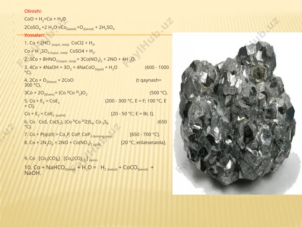 lt (iii)-ftorid och-jigarrang, termik barqaror, nam havoda qorayadi. ftorid kislotadan [co(h2o)3f3] *0,5h2o tuzilishga ega bo`lgan yashil gidrat cof3 *3,5h2o kristallanadi. suv, kislotalar, ishqorlar, ammiak gidrati ta`sirida parchalanadi. juda kuchli oksidlovchi; ko`pgina metallmaslarni oksidlaydi va ftorlaydi.. mr = 115,93; d = 3,88. olinishi: 4coo(oh) +6f2 =cof3 + 3o2 + h2o 2cof2 + f2 =2cof3 xossalari: 1. 2cof3 = 2cof2 + f2 (350 - 700 °c). 2. cof3 + 2h2o(sovuq) = coo(oh) + 3hf, 4cof3 + 10h2o = 4co(oh)2 + o2 + 12hf (qayn.) 3. 2cof3 + 6hcl(kons.) = 2cocl2 + cl2 + 6hf. 4. cof3 + 3naoh(suyul., sovuq) = coo(oh) + 3naf + h2o. 5. cof3 + 6(nh3 *h2o)[kons.] = [co(nh3)6]f3 + 6h2o. 6. 2cof3 + 4n2o5 = 2co(no3)3(yashil) + 2nf3 + o2 (- 70 °c dan 40 °c gacha). . cocl2 - kobalt (ii)-xlorid zangori (kristallogidrati - pushti), hcl atmosferasida o`rtacha qizdirilganda uchuvchan, parchalanmay suyuqlanadi va qaynaydi. xlorid va nitrat …