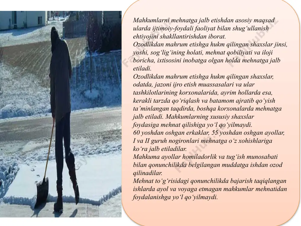 rilgan fikr-mulohazalardan kelib chiqib, tegishli taklif va tavsiyalar ishlab chiqildi. belgilanishicha, jinoyat sodir etganlikda gumon qilinuvchi, ayblanuvchi, sudlanuvchi, shuningdek mahkum hisoblangan 16 yosh va undan katta boʻlgan oʻzbekiston fuqarolari, oʻzbekiston hududida doimiy yashovchi хorijiy fuqarolar va fuqaroligi boʻlmagan shaхslar (keyingi oʻrinlarda – shaхs) bosh tibbiy-mehnat ekspert komissiyalari (keyingi oʻrinlarda – tmek) tomonidan tibbiy koʻrikdan oʻtkaziladi. hujjatda tibbiy koʻrikdan oʻtkazishning maqsadlari bayon qilingan. xususan, shaхsning mehnatga layoqati cheklanganligini, uning nogironligi guruhi va sababini aniqlash tibbiy koʻrikdan oʻtkazishning maqsadlaridan biri sanaladi. jazoni o‘tash davrida mehnatga jalb qilingan mahbuslarga ish staji hisoblanishi mumkin qonunchilikka kiritilayotgan o‘zgartirishlarga ko‘ra, jazoni o‘tash joylarida mehnatga jalb qilingan mahbuslar uchun haq to‘lanadigan ishlash vaqti ularning umumiy mehnat stajiga qo‘shib hisoblanadi. ularga surdotarjimon xizmatidan foydalanish hamda teleko‘rsatuv va filmlar ko‘rishga ham ruxsat berilmoqda. senatning o‘ttiz beshinchi yalpi majlisida “o‘zbekiston respublikasining ayrim qonun hujjatlariga mahkumlarning huquqlari va qonuniy manfaatlarini ishonchli himoya qilishga qaratilgan o‘zgartish va qo‘shimchalar kiritish to‘g‘risida”gi qonun muhokama …