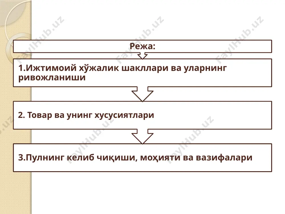 рнинг бирор -бир эҳтиёжини қондиришида куринади. товар деб, айирбошлаш учун яратилган ва маълум бир нафлиликка эга бўлган маҳсулотга айтилади. товарларнинг алмашув қийматини асослашга қаратилган назариялар қийматнинг мсҳнат назарияси — товарлар айирбошланиши асосида уларнинг қиймати ётади, қийматнинг миқдори эса ижтимоий зарурий меҳнат сарфлари, яъни ижтимоий зарурий иш вақти билан аниқланади дсб ҳисоблайди. қўшимча истсъмол қилингап товарлар нафлилиги назарияси – тарафдорлари г.госсен (немис иқтисодчиси)нинг «нафлиликнинг пасайиб бориш қонуни»га асосланиб, неъматларнинг қиймати уларнинг наф келтириши даражасига қараб аниқланади дсб ҳисоблайди. бошқача қилиб айтганда, бу ёндашувда бир турдаги товар қиймати, унинг энг зарурий эҳтиёжини қондирадиган кейинги бирлигининг нафлилиги билан аниқланади. а.маршаллнинг синтезлаштирилган назариясига кўра, товар қиймати тснг даражада кейинги қўшилган товар нафлилиги, ишлаб чиқариш харажатлари ҳамда талаб ва таклиф нисбати билан аниқланади меъёрий (маржинал) нафлилик деб қўшимча истеъмол қилинган махсулотдан қўшимча олинадиган нафга айтилади. пулнинг келиб чиқиши, моҳияти ва вазифалари қиймат (айирбошлаш) шаклларининг ривожланиши *оддий ёки тасодифий шакли (1 болта = 1 қоп дон) …
