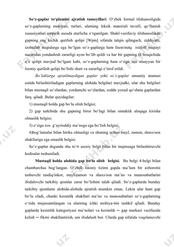 i ma’nolari va kesimlik ─ gap markazi vazifasida kelish ─ fikrni shakllantirish, uni ifodalash bor. ularda gap sifatida voqelanuvchi so‘zning leksik ma’nosida mujassamlashgan. shu sababdan bunday gaplarda kesimlik mavjud, ammo kesimlik shakli ifodalanmagan. demak, so‘z-gaplar mustaqil gap bo‘la olish qobiliyatiga ega bo‘lganligi uchun bu so‘zlarga nisbatan semantik funktsional shakllangan so‘z-gaplar atamasi qo‘llaniladi. bu atamadagi “semantik” tarkibiy qismi hodisaning lug‘aviy (ma’noviy) tomoniga ishora qilib turadi. bunda gap markazi mavqeida kelgan leksemalarning ikki tabiiy xususiyati namoyon bo‘ladi, ya’ni bunda leksik birlik ham so‘z, ham gapdir. bu atamaning funktsional tarkibiy qismi esa so‘z-gaplarning sintaktik vazifa bajarishi f a q a t g a p m a r k a z i v a z i f a s i d a k e l a o l i sh i bilan chegaralanganligini ifodalaydi. demak, semantik-funksional shakllangan gaplar grammatik shakllangan gaplar ([wpm])dan farq qiladi va kesimlik ma’nolari so‘z-gaplarda leksik birlikning yoki atov birligi [w]ning …