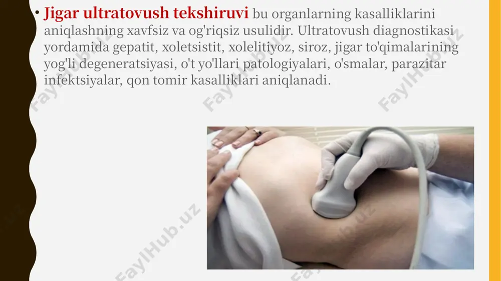 aklda o'rganiladi. radionuklid usulni jigar uchun 2 uslubi bor – 1) gepatobilistsintigrafiya (radioaktiv modda gepatotsitlarda yig’iladi) va tasvirda jigar, o't qopi va ingichka ichak ko'rinadi, bevosita o't hosil qilish va chiqarish funktsiyasi o'rganiladi, o't qopi evakuatsiya funtsiyasini o’rganish mumkin. 2) gepatostsintigrafiya (radioaktiv modda kupfer hujayralarida yig’iladi) tasvirda normada faqat jigar ko'rinadi, patologiyada + taloq, bevosita jigarni himoya/barer funktsiyasi o'rganiladi. taloq normada ko'rinmaydi chunki unda kupfer hujayralar miqdori jigarga nisbatan 15 baravar kam, patologiyada bu nisbat taloq tomonga siljishi va taloq ko'rinishi mumkin. stsintigrammalarda patologiya mezonlari. 1) jigarda yig’ilish vaqti (normada 15 min, surunkali diffuz kasalliklarda > 20-25 min). 2) jigarda yig’ilish rasmi – normada bir tekis (o'rtada ko'proq), patologiyada orolsimon. 3) gepatostsintigrafiyada taloq ko'rinishi 4) jigarning o’lchami, shakli, joylashishi, konturlari o'zgarishi (yaxshi ko'rinmaydi) angiografiya. avval jigar tuzilmalari differentsial tashxisi uchun ko'llanilar edi, kt va mrt keng ko'llanishidan so'ng bu sohada o'z ahamiyatini yo'qotdi. hozirgi kunda ko'proq mini-invaziv endovaskulyar davolash uslublari …
