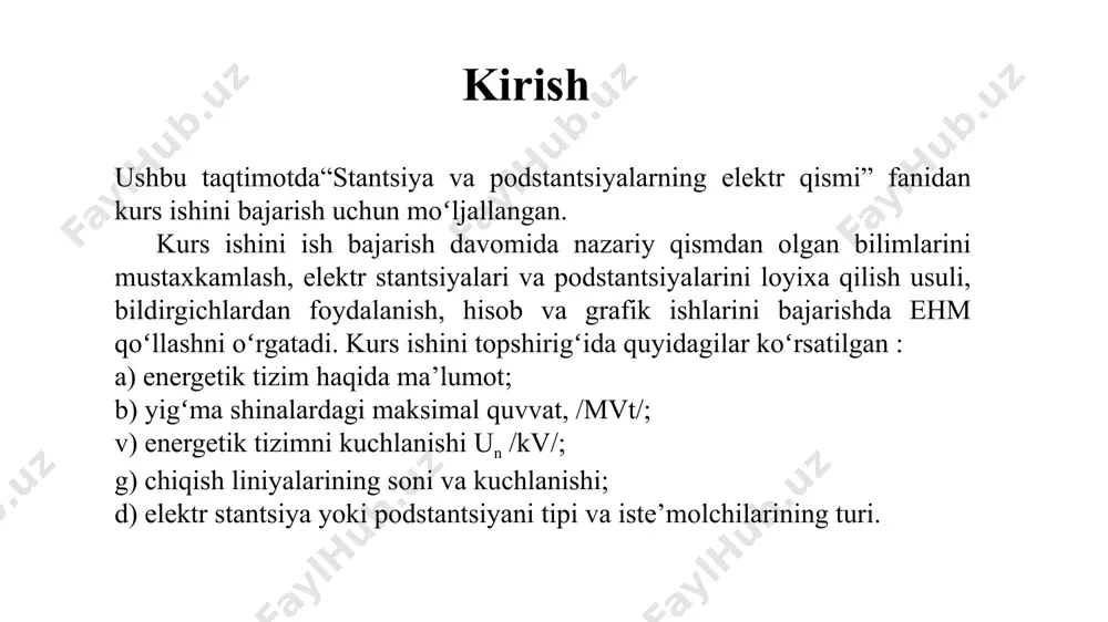 anishi, ==0,303 ikkala variant ham normal ishlash rejimi boʻyicha qoniqarlidir. b) transformatorlardan biri ishdan chiqsa, bu tanlangan variantlarni ishlashini tekshiramiz. i – variant: 1,4· snom.t = 1,4 · 4 = 5,6 mv·a; ii – variant: 1,4· snom.t = 1,4 · 6,3= 8,82mv·a. bunda, 1,4 – oʻta yuklanish koeffitsenti. tmn-4000/110/10 kva tmn-6300/110/10 kva elektr stantsiyalarini yoki podstantsiyalarni bosh elektr sxemasini tanlash variantimiz uchun texnik – iqtisodiy hisobni minimal keltirilgan sarf – xarajatlar boʻyicha hisoblaymiz. i-variant иe =  · э = 300*164916,992 = 49,49 (mln. soʻm) kt = k0 · nt = 150·2 = 300,0 (mln. soʻm) иa.t =[(рa +рo)/100] · kt = [(6,3 +3)/100] ·300,0 = 27,9 (mln. soʻm) и =иa.t + иe =27,9+ 49,49 = 77,39 (mln. soʻm) зi = рn ·kt + и = 0,15·300,0 + 77,39 = 122,39 (mln. soʻm) ii-variant иe =  · э = 300*168067,5 = 50,42 (mln. soʻm) kt = k0 · nt …