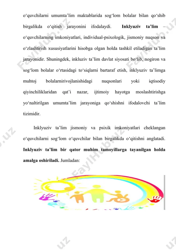 ’ulayatni his etadigan, ularni davlat taraqqiyoti va gullab-yashnashiga salmoqli ulush qo’shadigan munosib fuqarolar bo’lib etishishlariga katta umid bilan qaraladi. dunyoga “o’zbek modeli” deb nom olgan rivojlanish yo’li bilan tobora ko’proq tanilayotgan o’zbekistonda ham bolalar huquqlarini himoya qilishga juda katta e’tibor berilmoqda. mamlakatimizda maktab, litsey, gimnaziya, kollej kabi bilim dargohlari bilan birgalikda turli maxsus maktab internatlar, mehribonlik uylari faoliyat ko’rsatayotganligi ham fikrimizning isbotidir. ko’plab davlatlarda bo’lgani kabi o’zbekistonda ham imkoniyati cheklangan bolalar uchun maxsus tashkillangan maktablar bor. ularning vazifasi bolalarni maxsus o’quv yurtlariga tayyorlashdir. bolalarni himoya qilish xalqaro tashkiloti konvensiya tizimiga o’zining asosiy maqsadi etib bola huquqlarini asos etib oladi. inklyuziv ta’lim ijtimoiy modelga asoslanadi va u muammoni bolada emas, balki dastur va metodologiyada deb hisoblaydi. bunday ta’lim tizimiga ba’zi bir o’zgartirishlar kiritishni taqazo etadi. bunda har bir bolaning ehtiyojini hisobga olgan holda o’quv rejalari tayyorlanadi, uslubiyotning psixologik muammolari bilan bog’liq tomonlari to’g’ri yo’lga qo’yiladi. inklyuziv ta’lim hamma bolalarni, shu jumladan, …